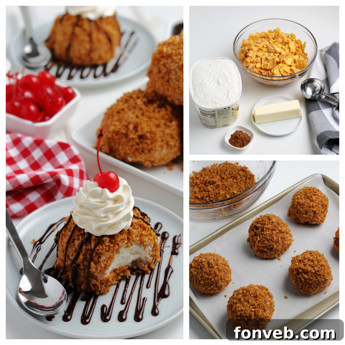 Golden-Fried Ice Cream Delight 3 Fried ice cream ball with a perfectly crispy crust and a scoop of vanilla ice cream