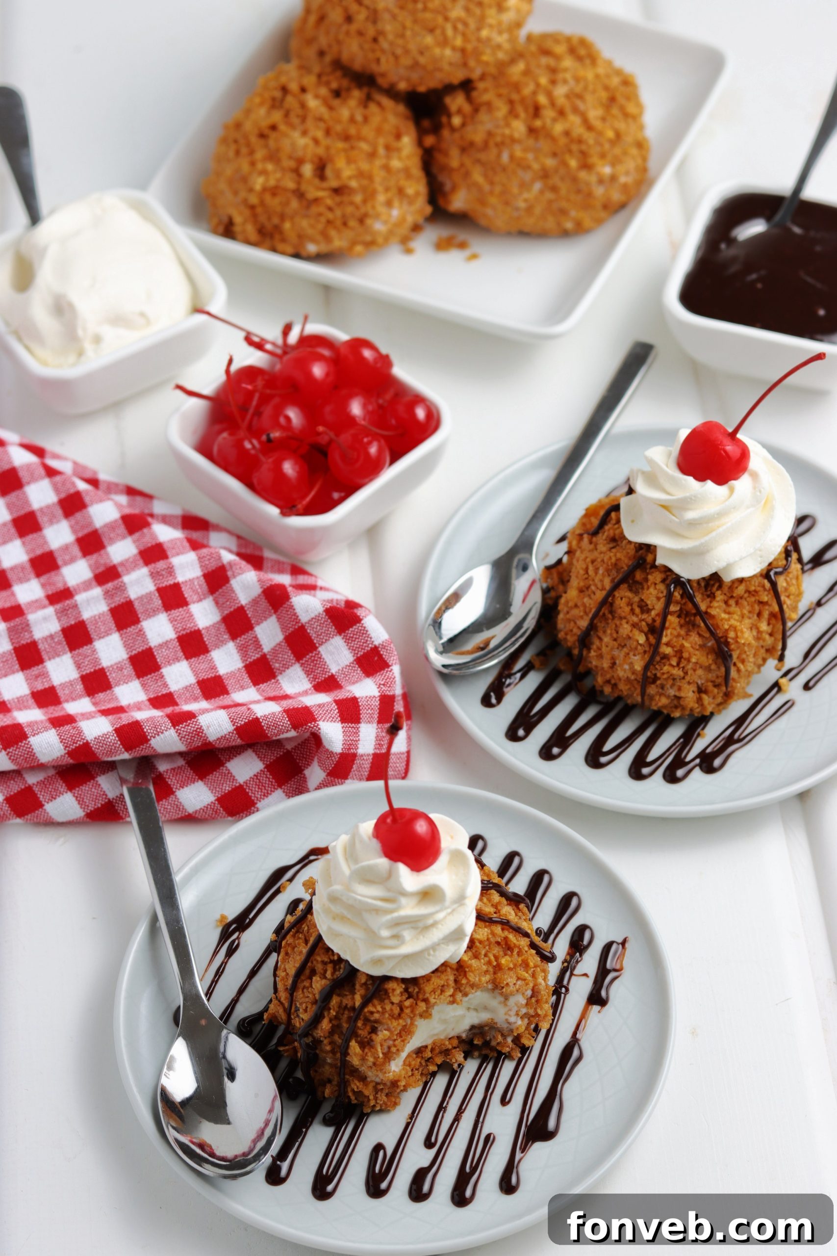 Golden-Fried Ice Cream Delight 5 A close-up shot of a single fried ice cream ball, showing its appealing texture