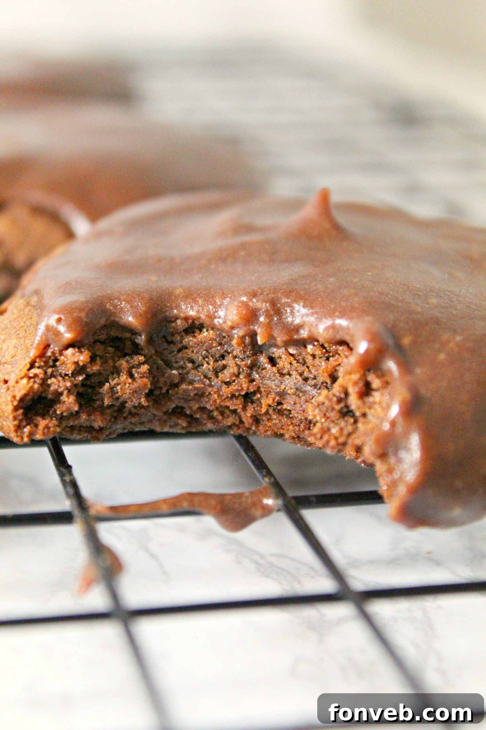 Fudgy Texas Sheet Cake Cookies 6 Close up of a hand holding a Texas Sheet Cake Cookie