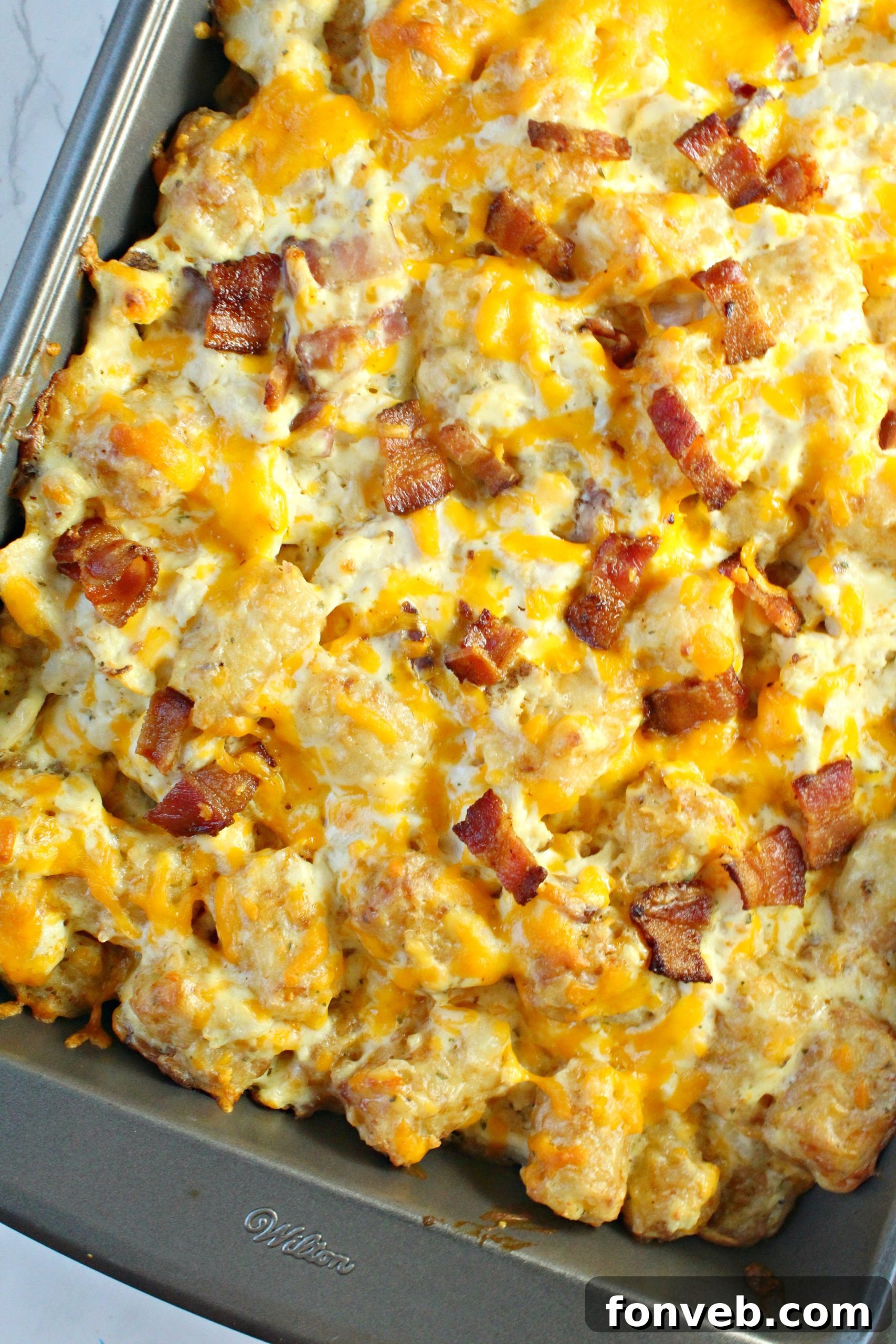 A delicious Cracked Out Chicken Tater Tot Casserole dish, showcasing the creamy filling and crispy top layer.