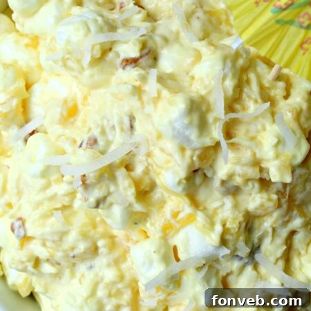 A round image of Piña Colada Fluff in a bowl, garnished with a cherry.