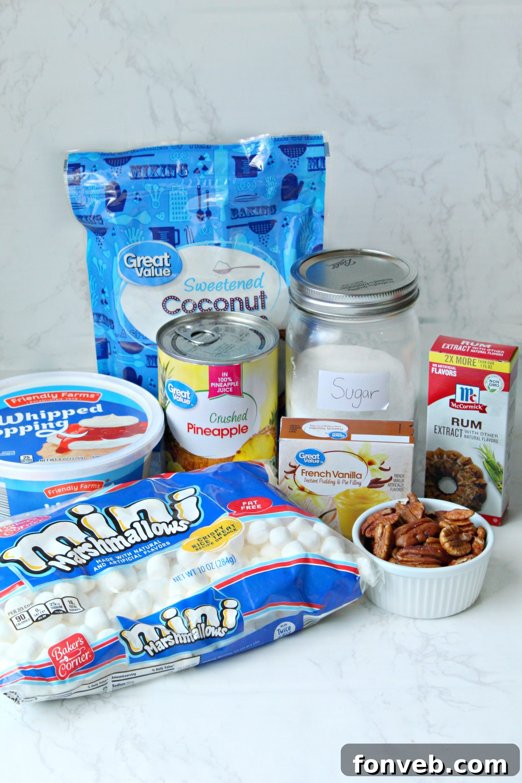 Collection of Piña Colada Fluff ingredients laid out on a surface.