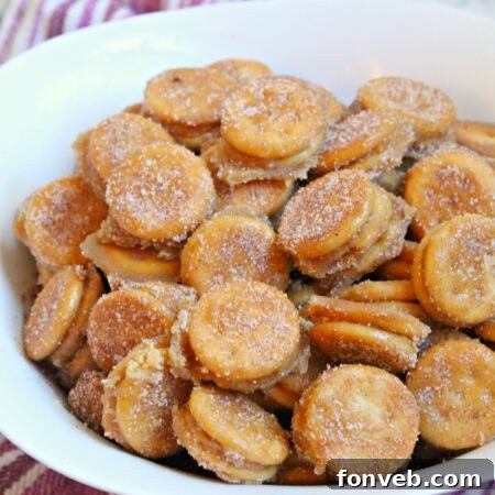 A close-up of a finished Ritz Churro Bite, showcasing the sugary coating and cracker texture.