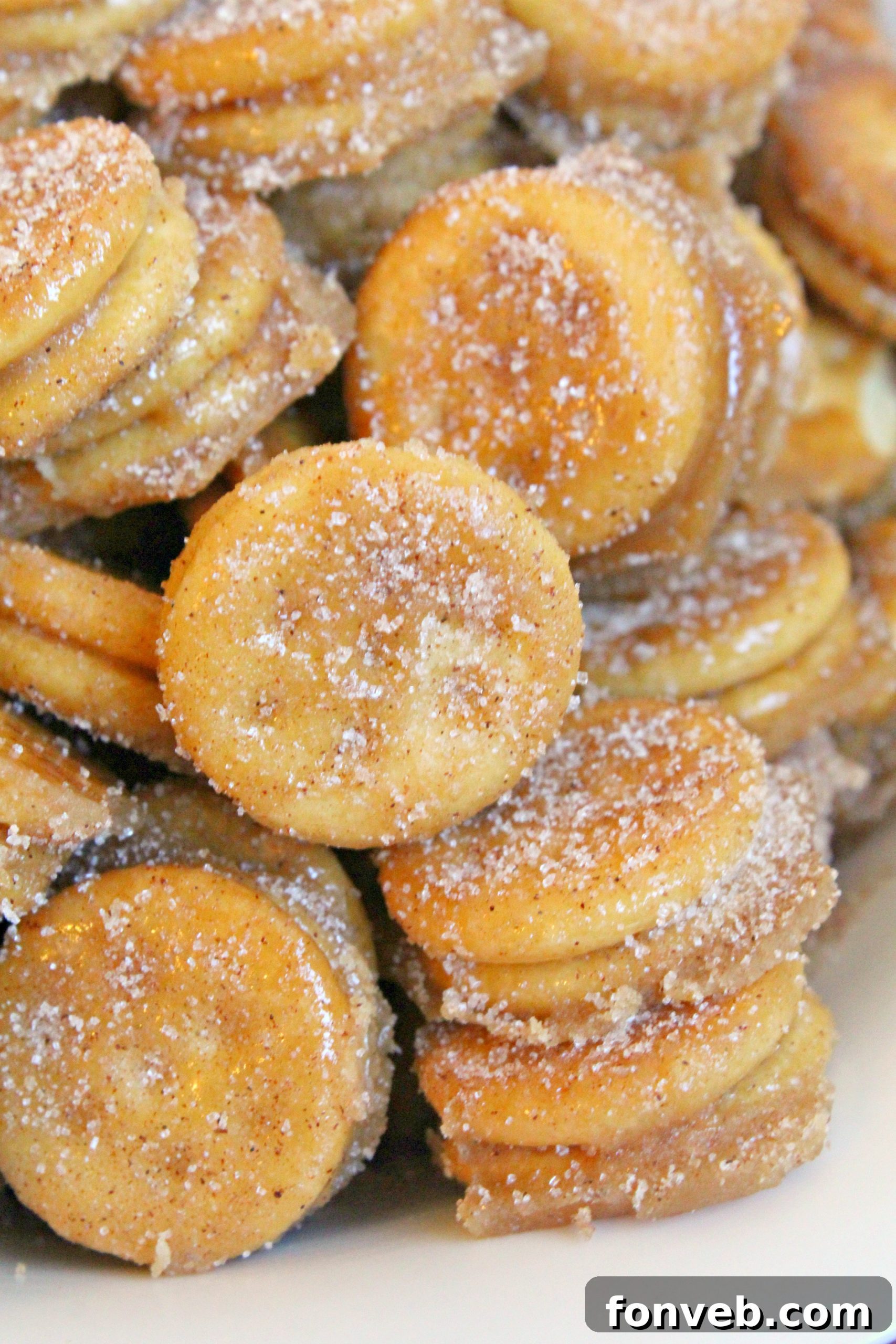 Ritz Churro Bites stored in an airtight container on a kitchen counter.