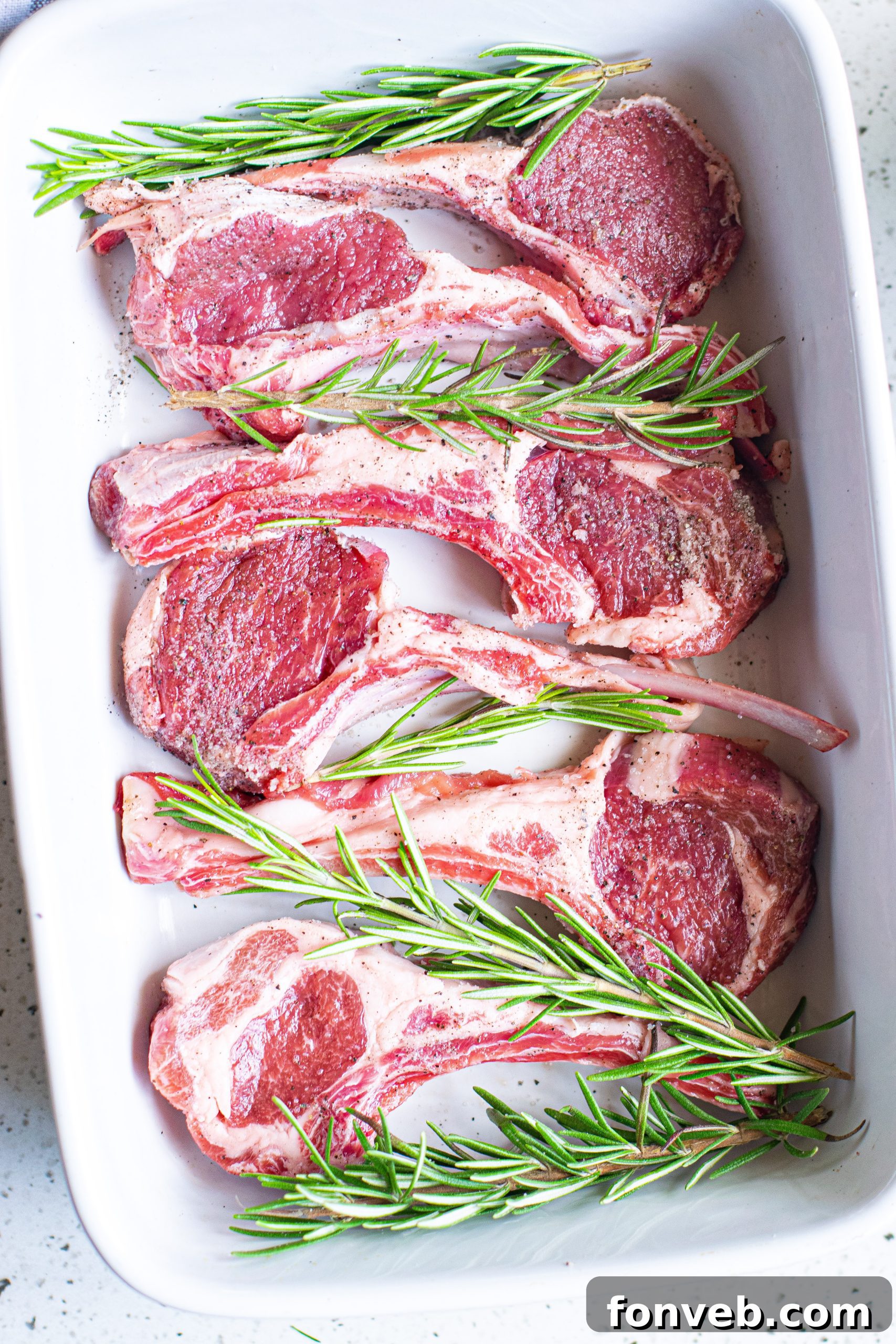 Marinated lamb chops arranged in a baking dish with fresh rosemary sprigs, ready for the oven