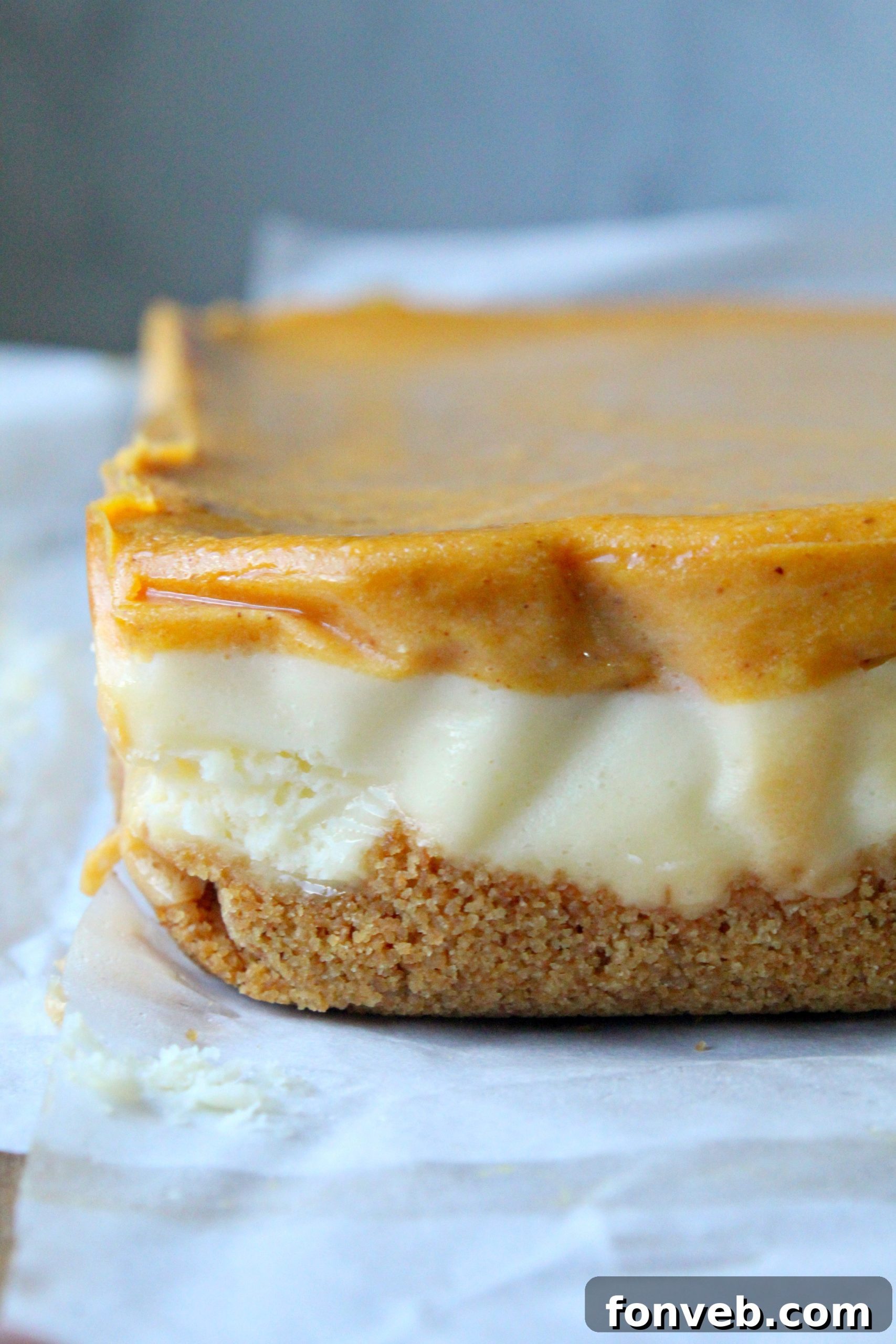 Close up view of perfectly set Pumpkin Cheesecake Bars ready for serving