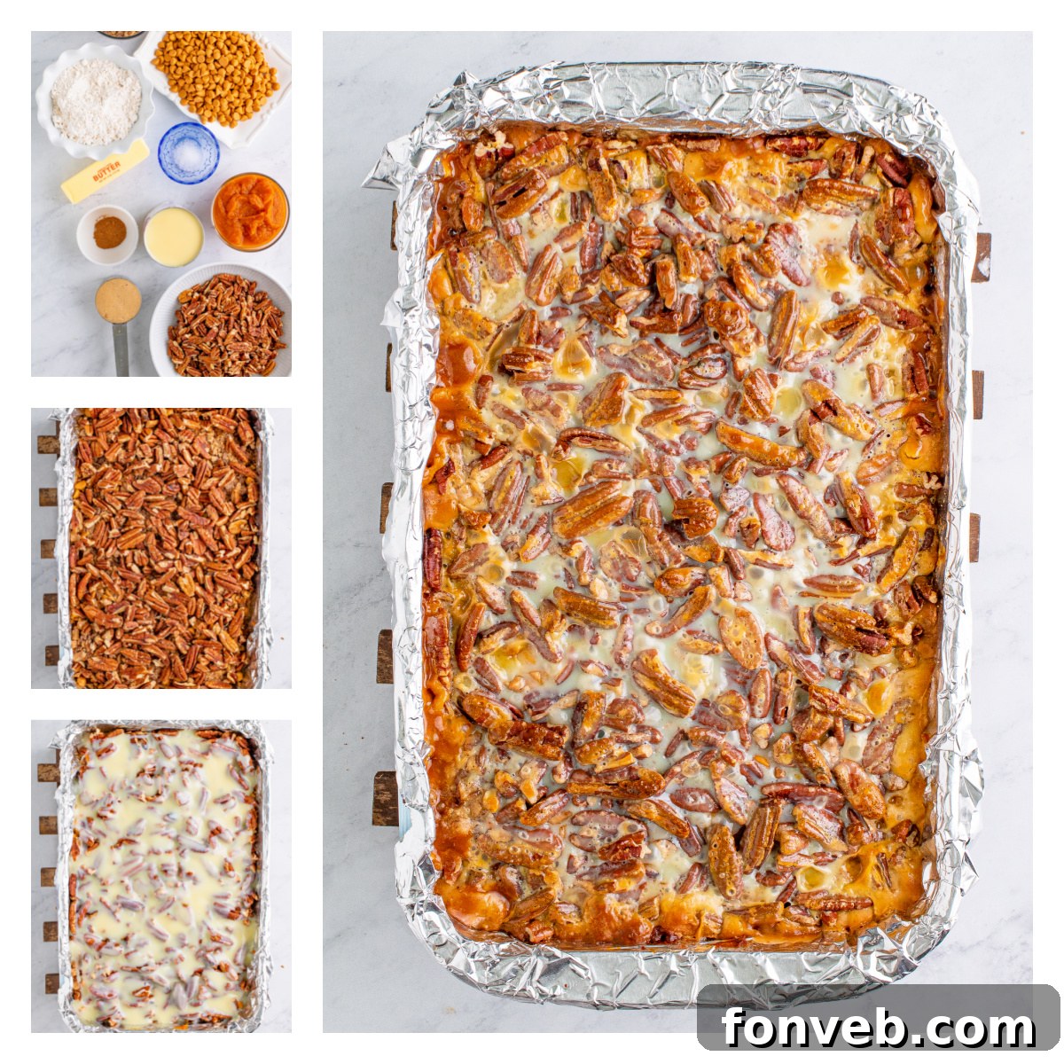 Foil-lined 11x7 baking dish ready for the Pumpkin Pecan Magic Bars crust mixture, ensuring easy cleanup.