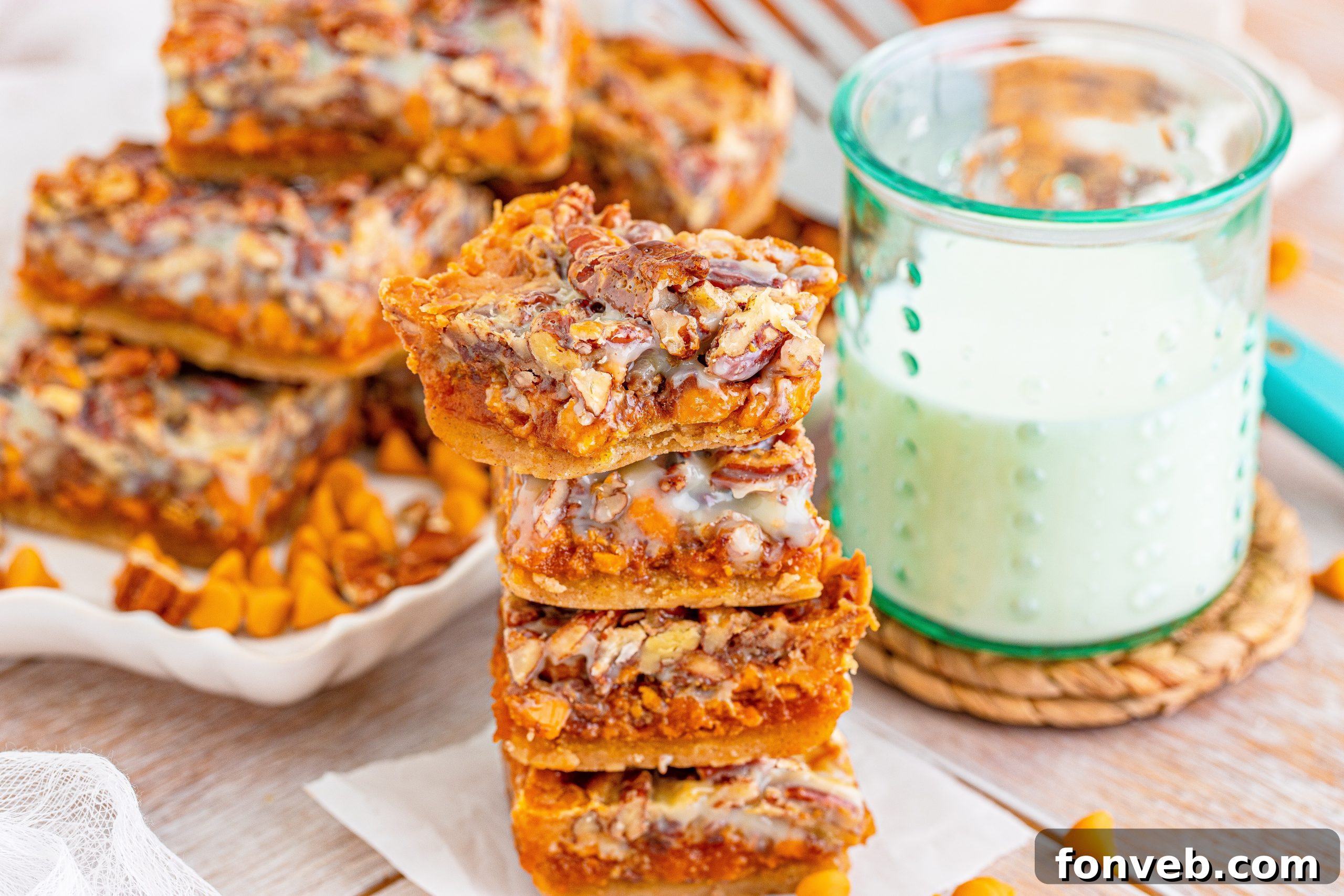 Overhead shot of freshly baked Pumpkin Pecan Magic Bars on a cooling rack, showing their beautiful golden tops and perfectly set layers.