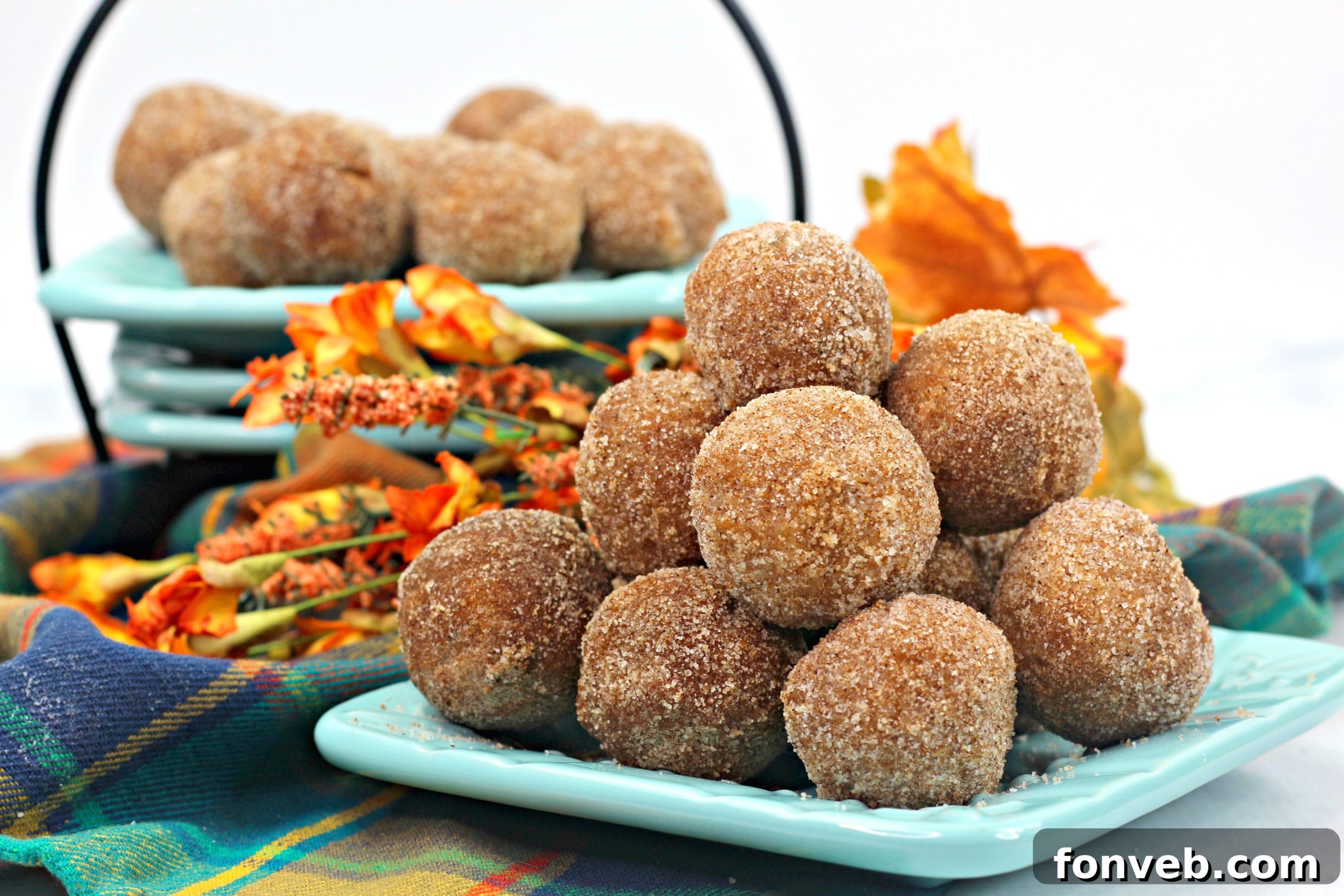 Close-up of baked pumpkin snickerdoodle donut holes coated in cinnamon sugar