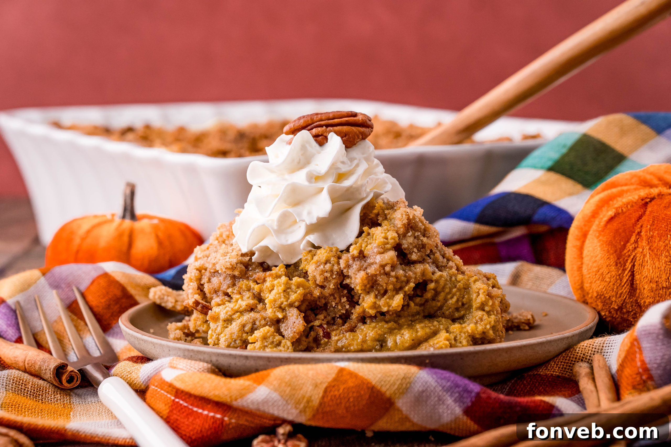 Final pumpkin crisp dessert on a decorative plate