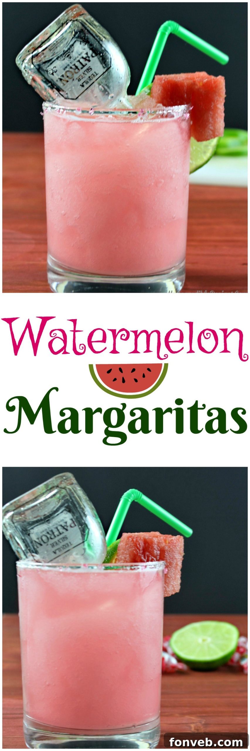 Close-up of a festive watermelon margarita in a glass, with a bright pink color, sugar rim, and garnished with fresh fruit including a watermelon wedge and lime slice