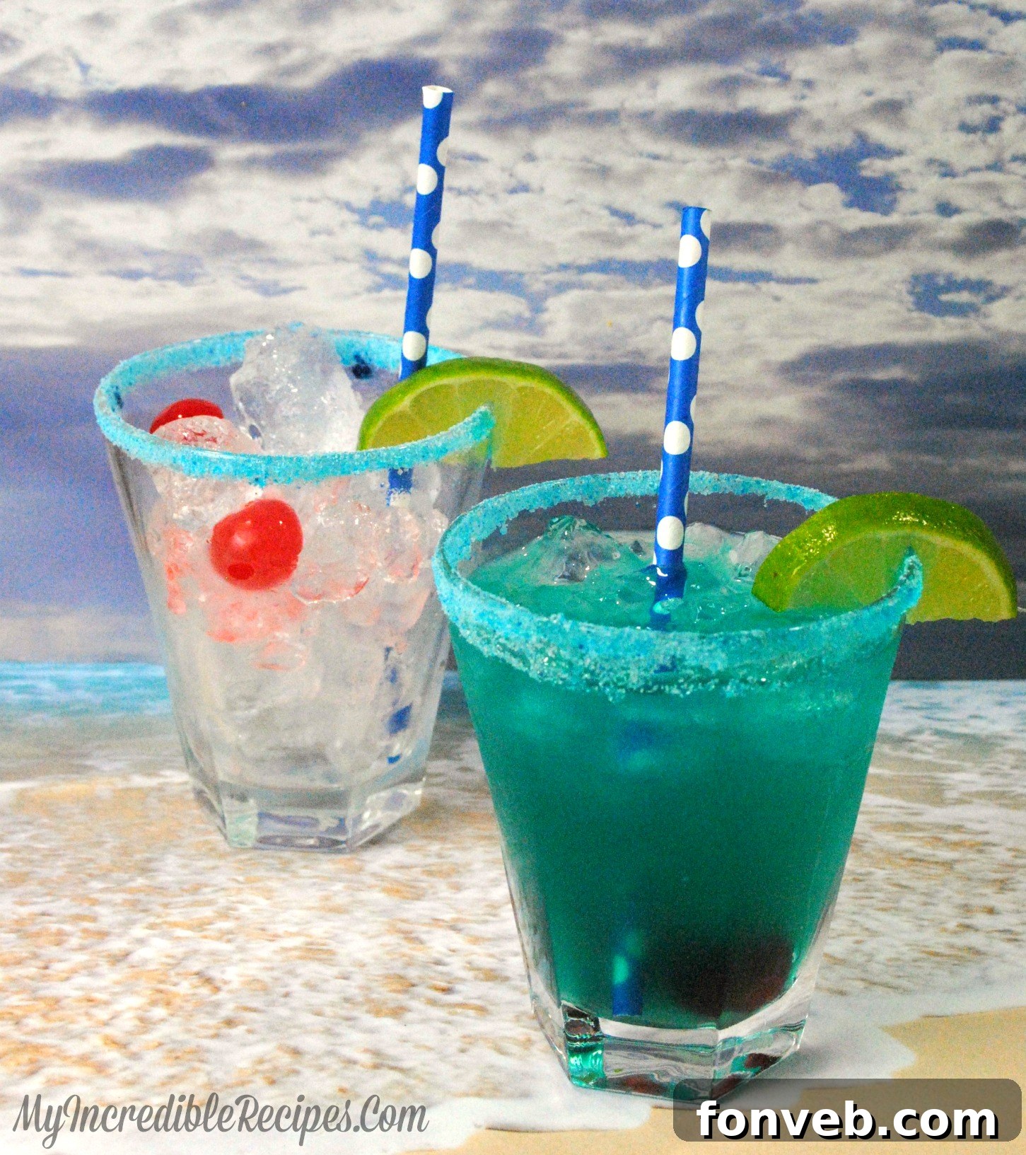 A Shark Bite cocktail with pronounced red grenadine streaks, ready to be served.