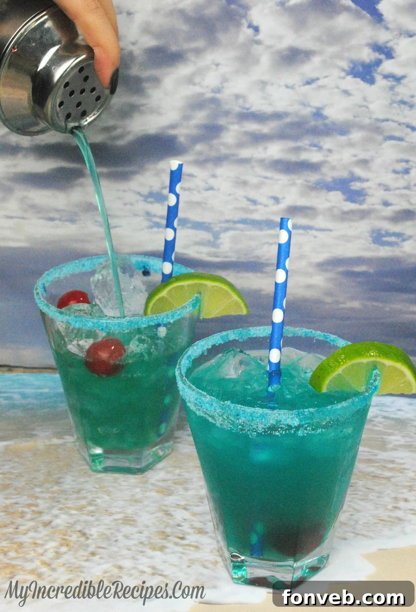 Ingredients for a Shark Bite cocktail laid out, showing a simple preparation.