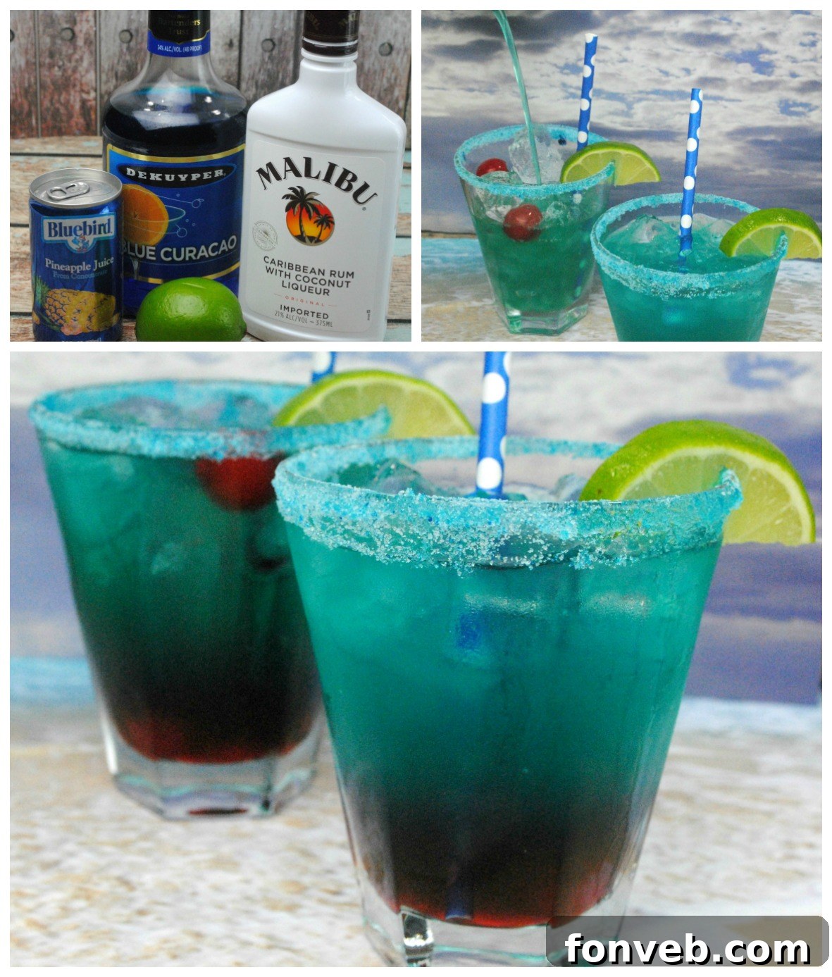 A collage of Shark Bite cocktails in various stages of preparation and garnishing.