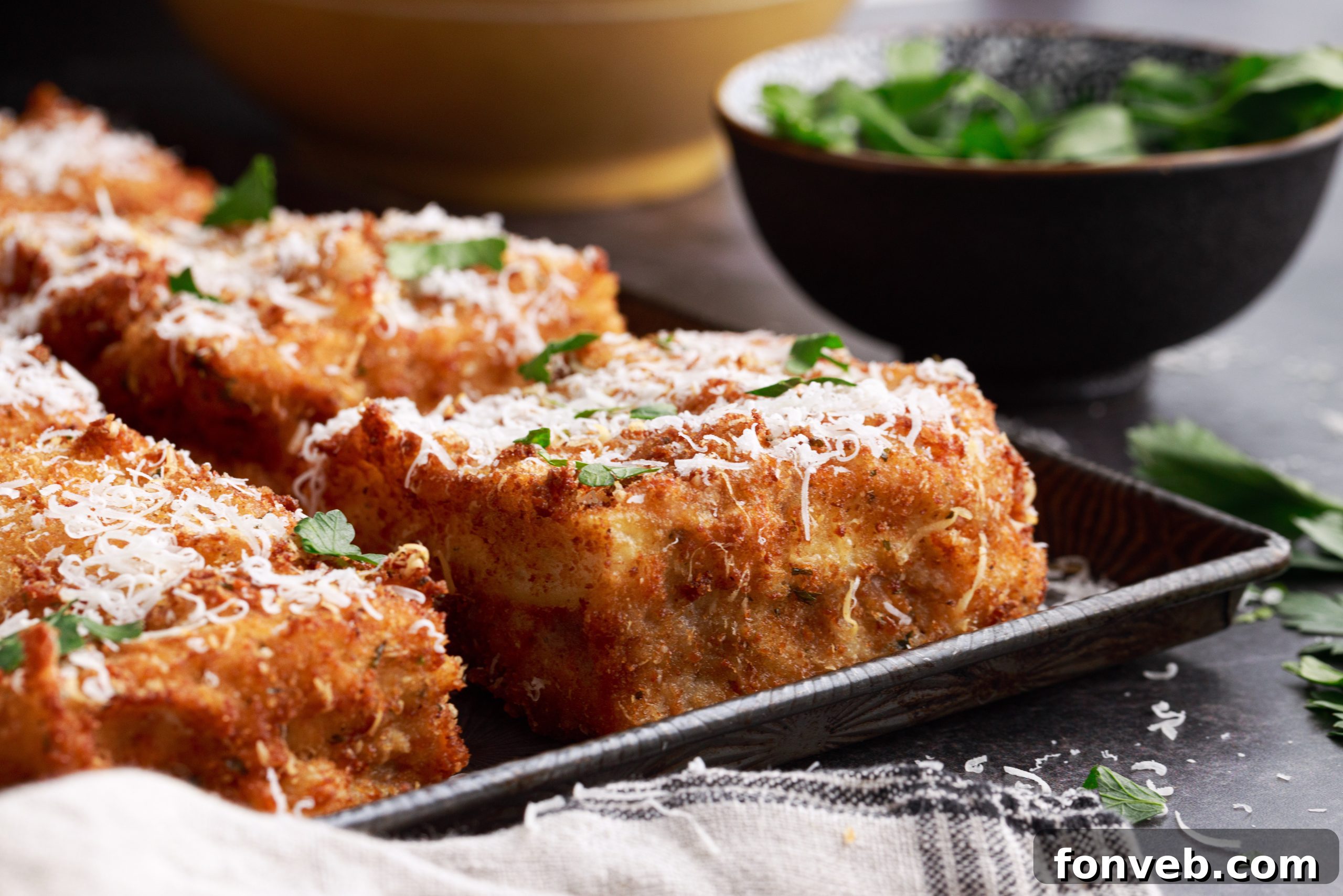 Golden Lasagna Crunch 9 Deep fried lasagna squares on a plate with Parmesan cheese