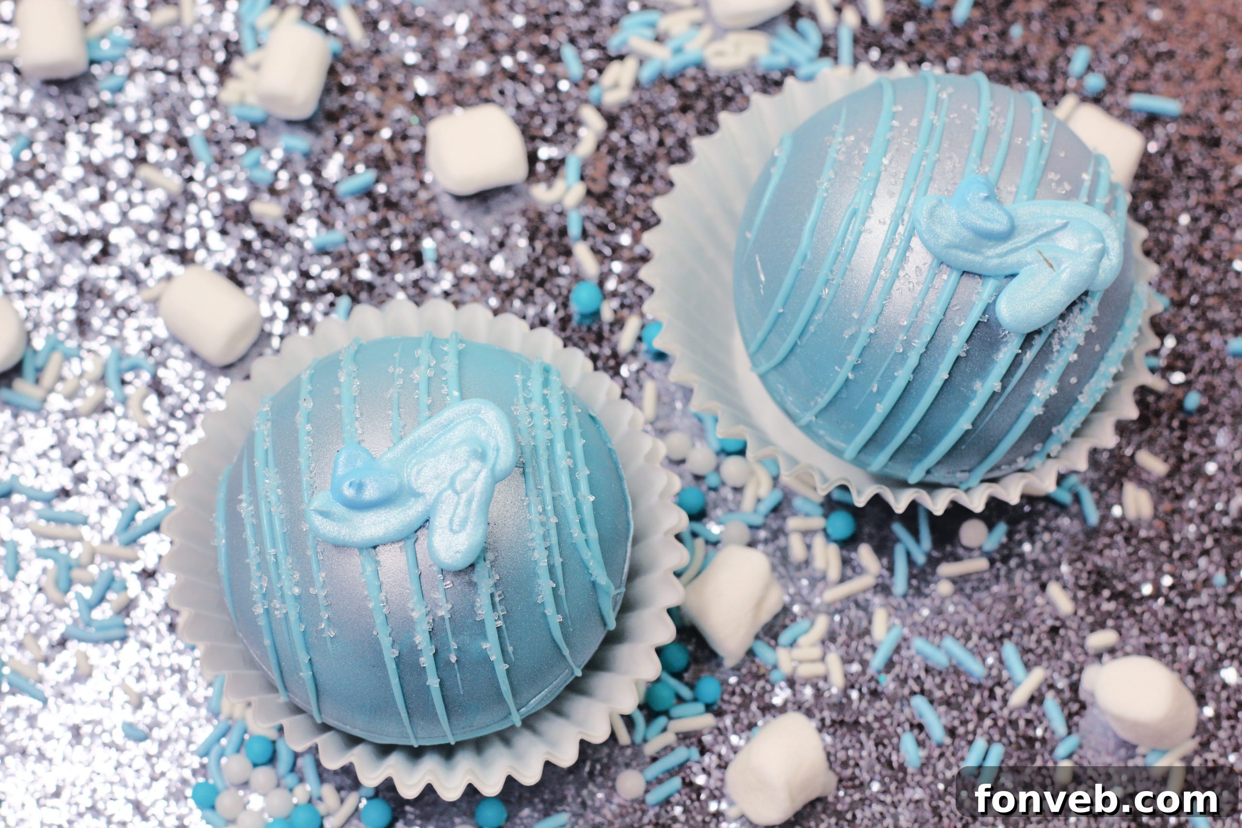 Close-up of a Cinderella Hot Cocoa Bomb before melting