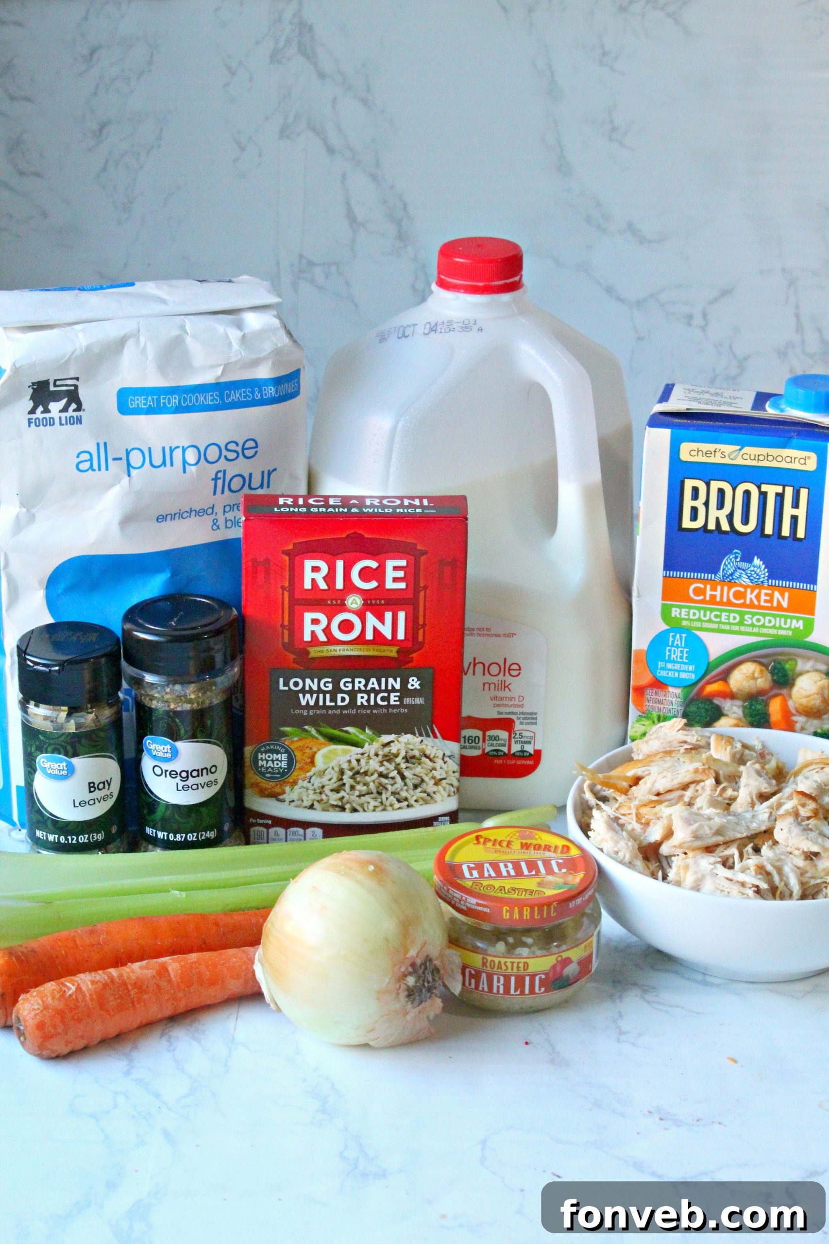 Close-up of the rich, creamy texture of chicken and wild rice soup.