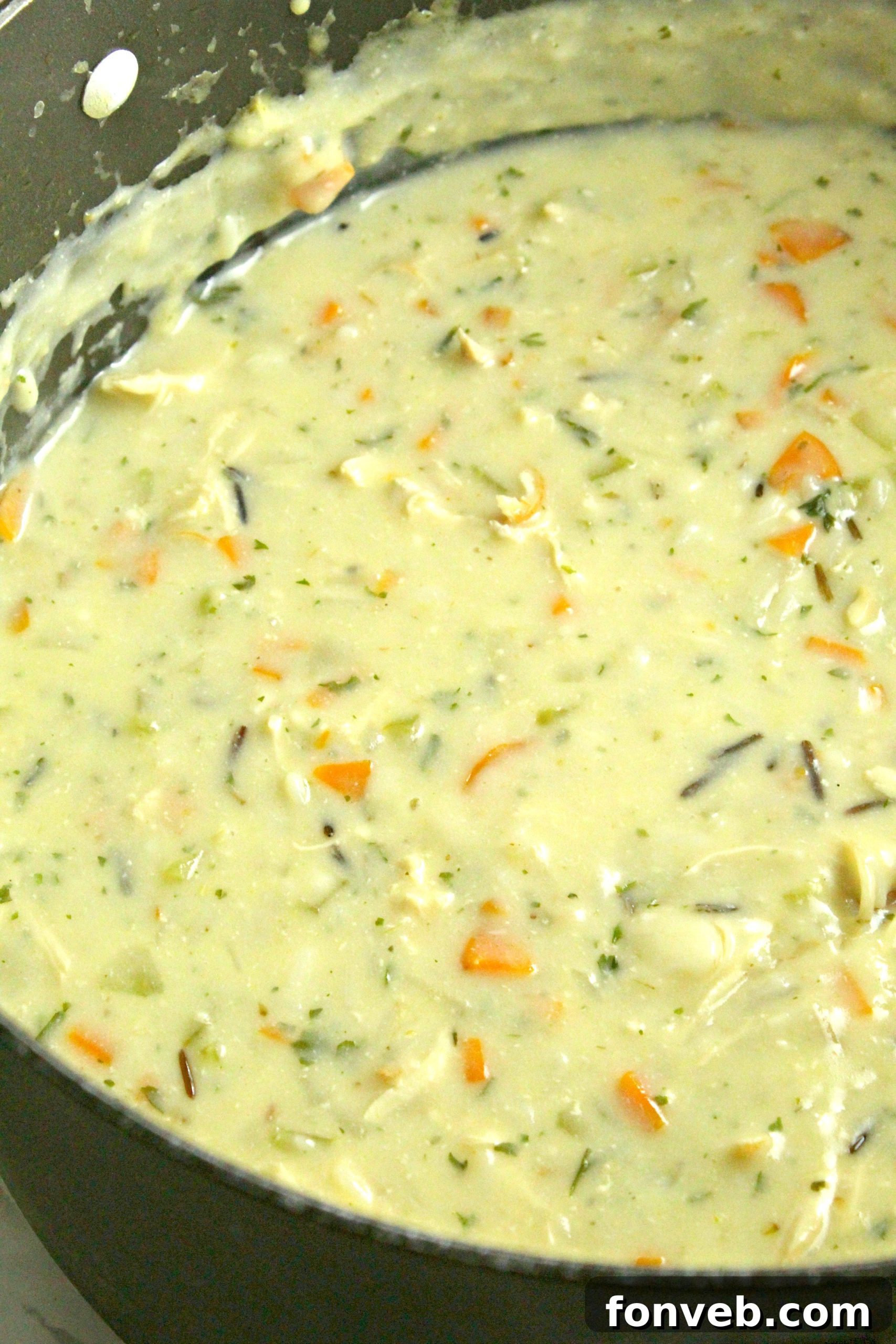 Individual serving of chicken and wild rice soup in a bowl.
