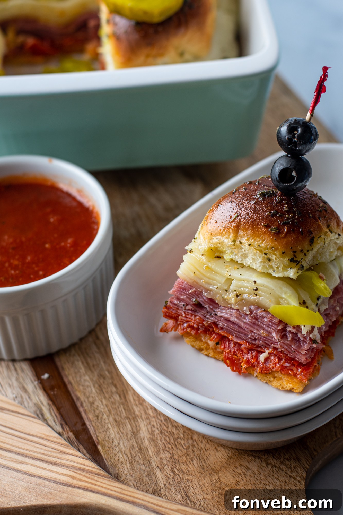 Little Italian Bites 10 Top-down view of Italian Sliders on a platter