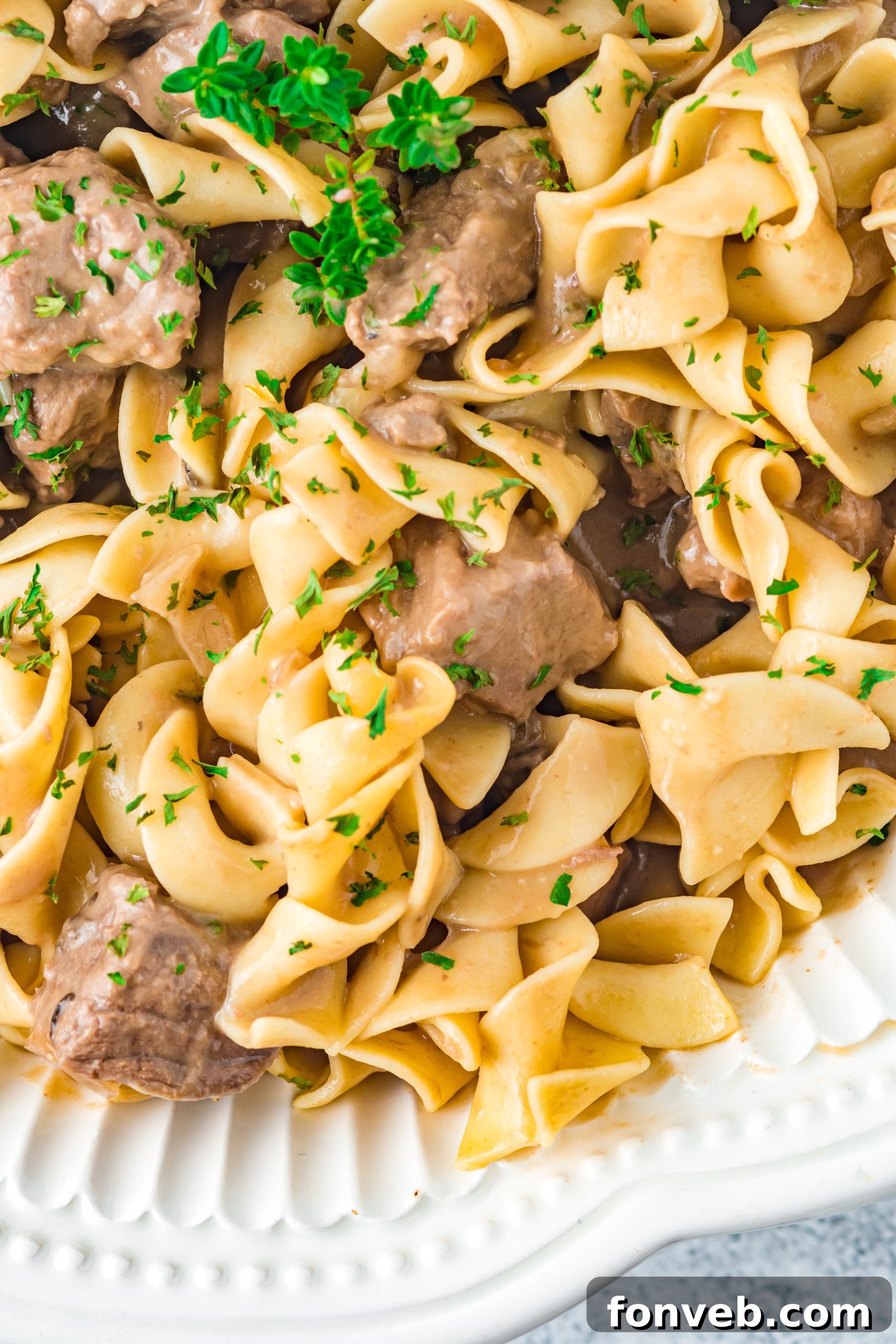 A bowl of Crock Pot Beef and Noodles with a spoon, highlighting the creamy sauce and tender beef