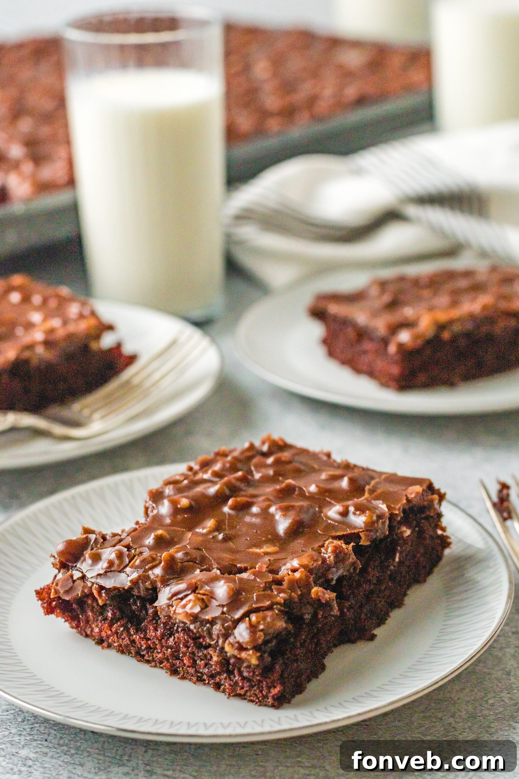 Texas Sheet Cake sliced on a white  plate
