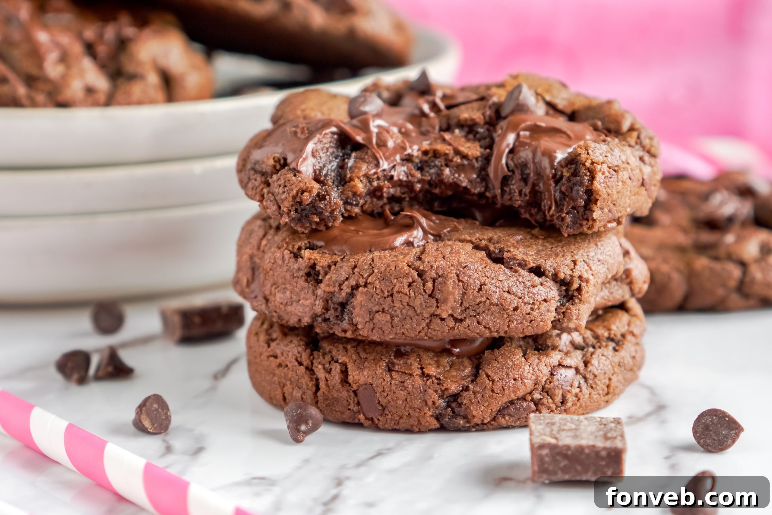 Plate of finished triple chocolate cookies