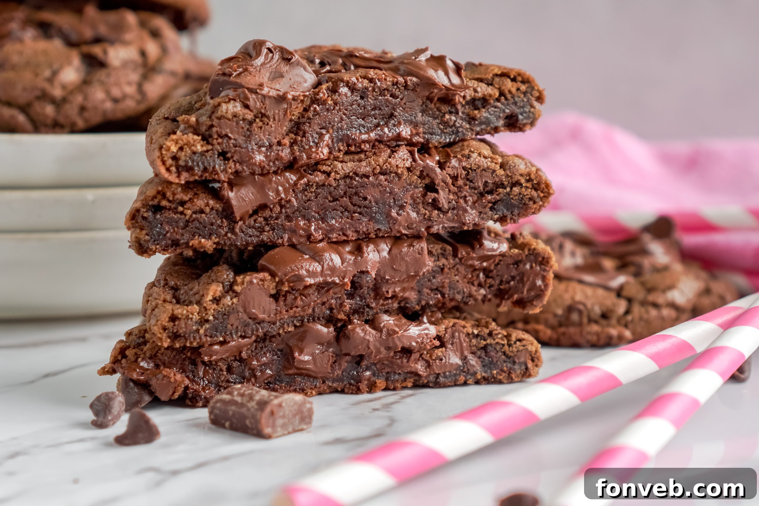 A stack of delicious triple chocolate cookies ready to be eaten