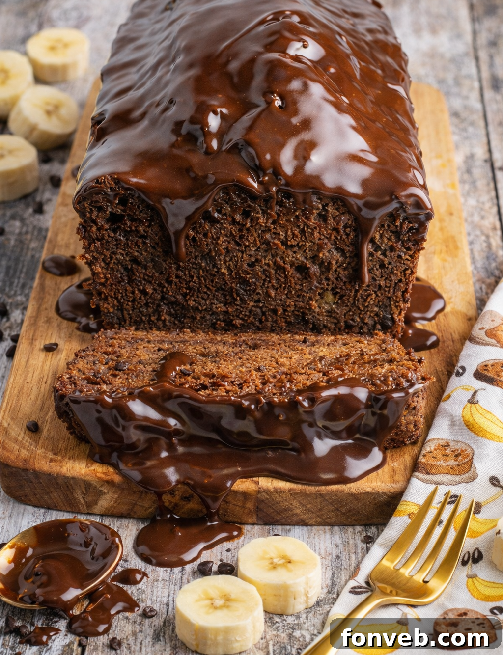 Close-up of a slice of Double Chocolate Banana Bread with chocolate chunks