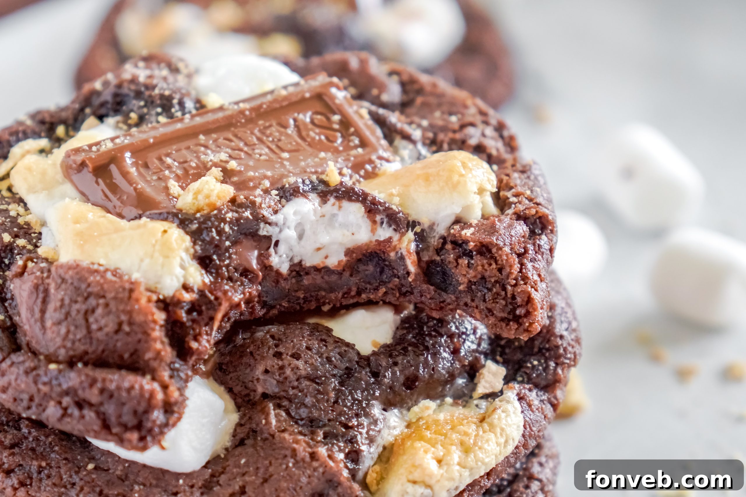 A single Hershey's Chocolate S'mores Cookie with a bite taken out, showing gooey interior