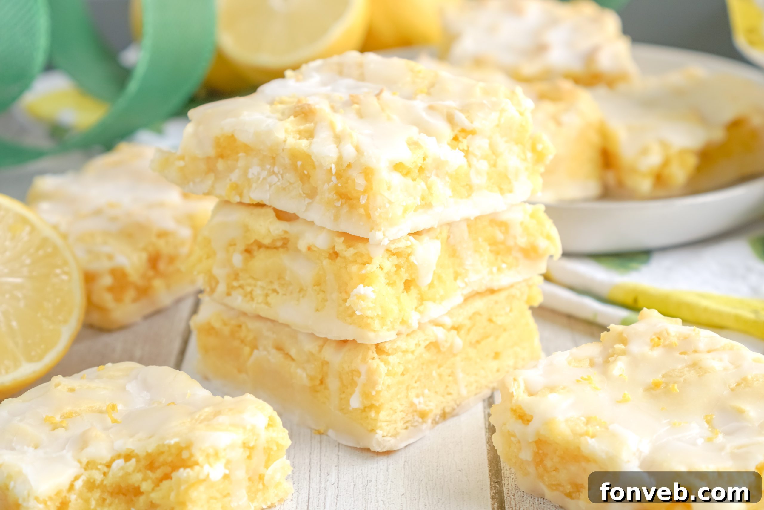 A square baking dish filled with a generous batch of un-cut, freshly baked lemon brownies, still warm from the oven.