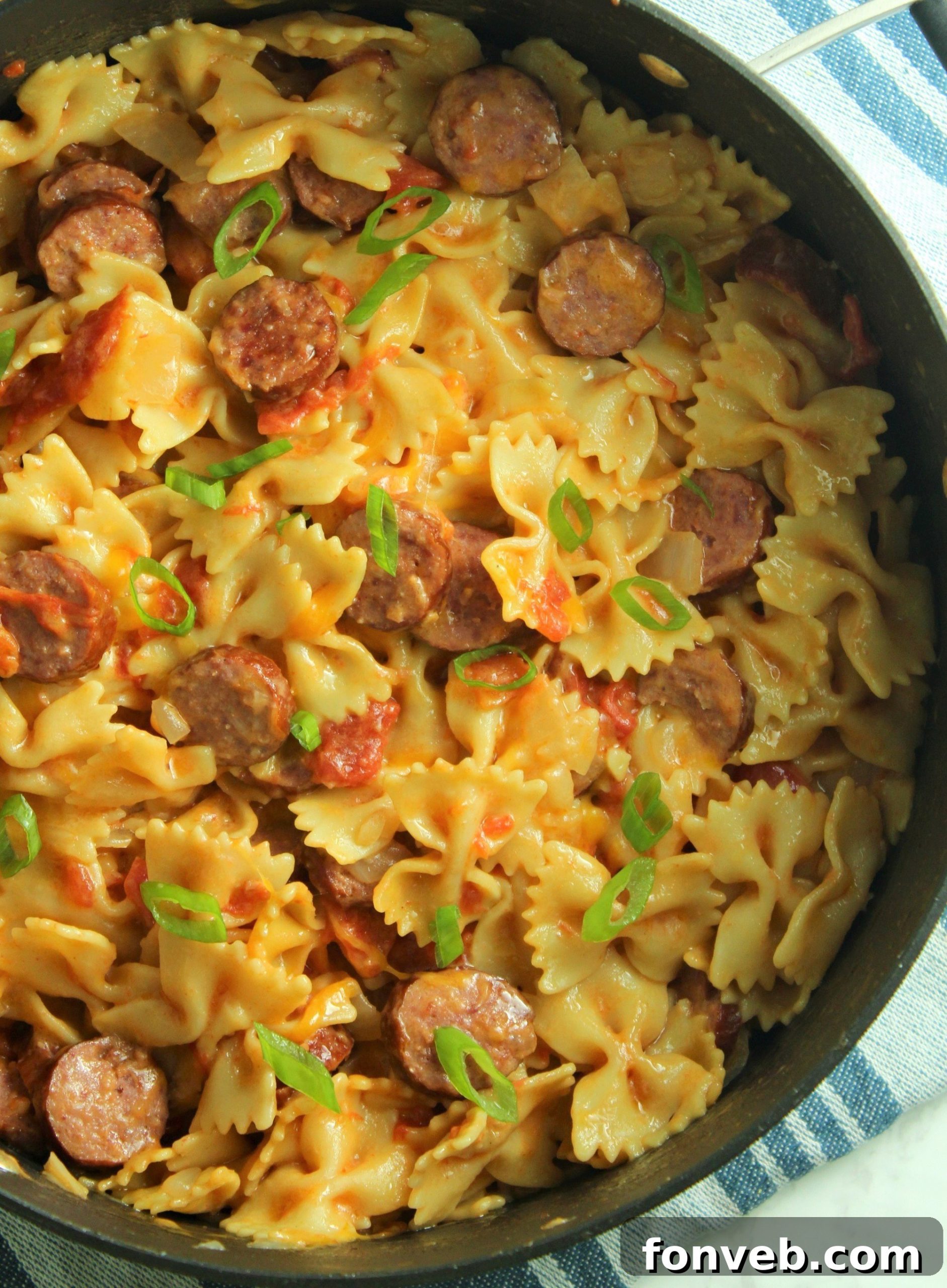 Close-up of Cheesy Kielbasa Pasta