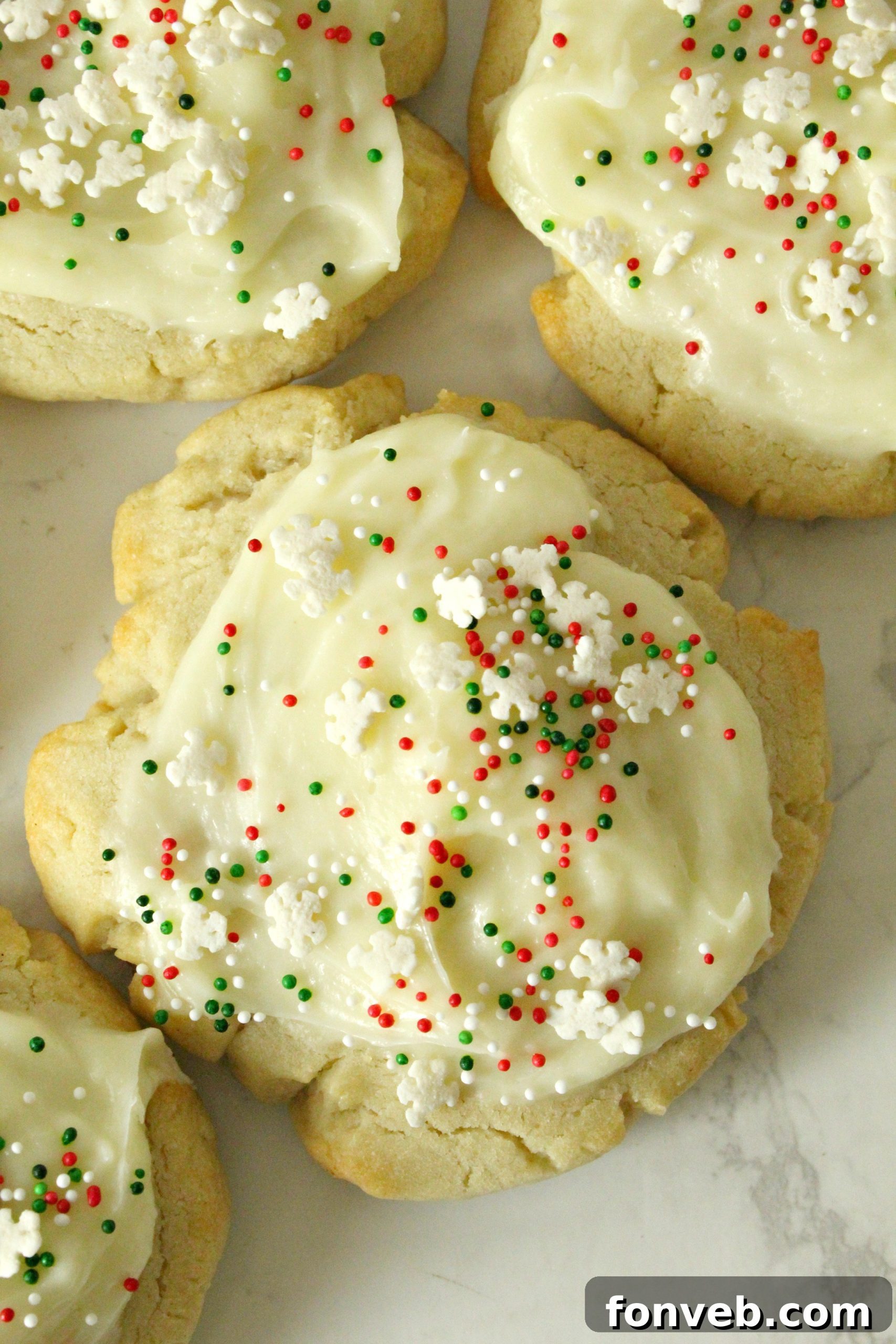An overhead shot of Swig Sugar Cookies with various sprinkles, ready for a party.