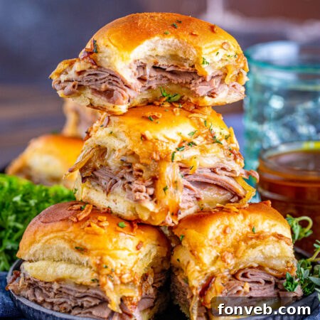 French Dip Sliders in a baking dish