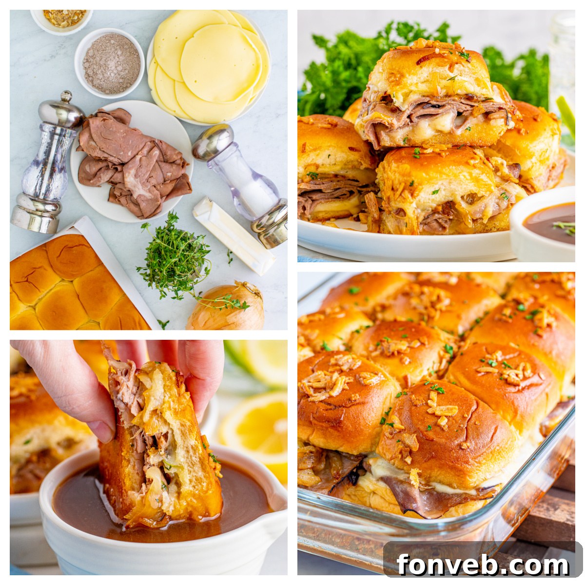 Dunkable French Dip Sliders 3 French Dip Sliders collage showing ingredients, dipping shot and baking dish shot