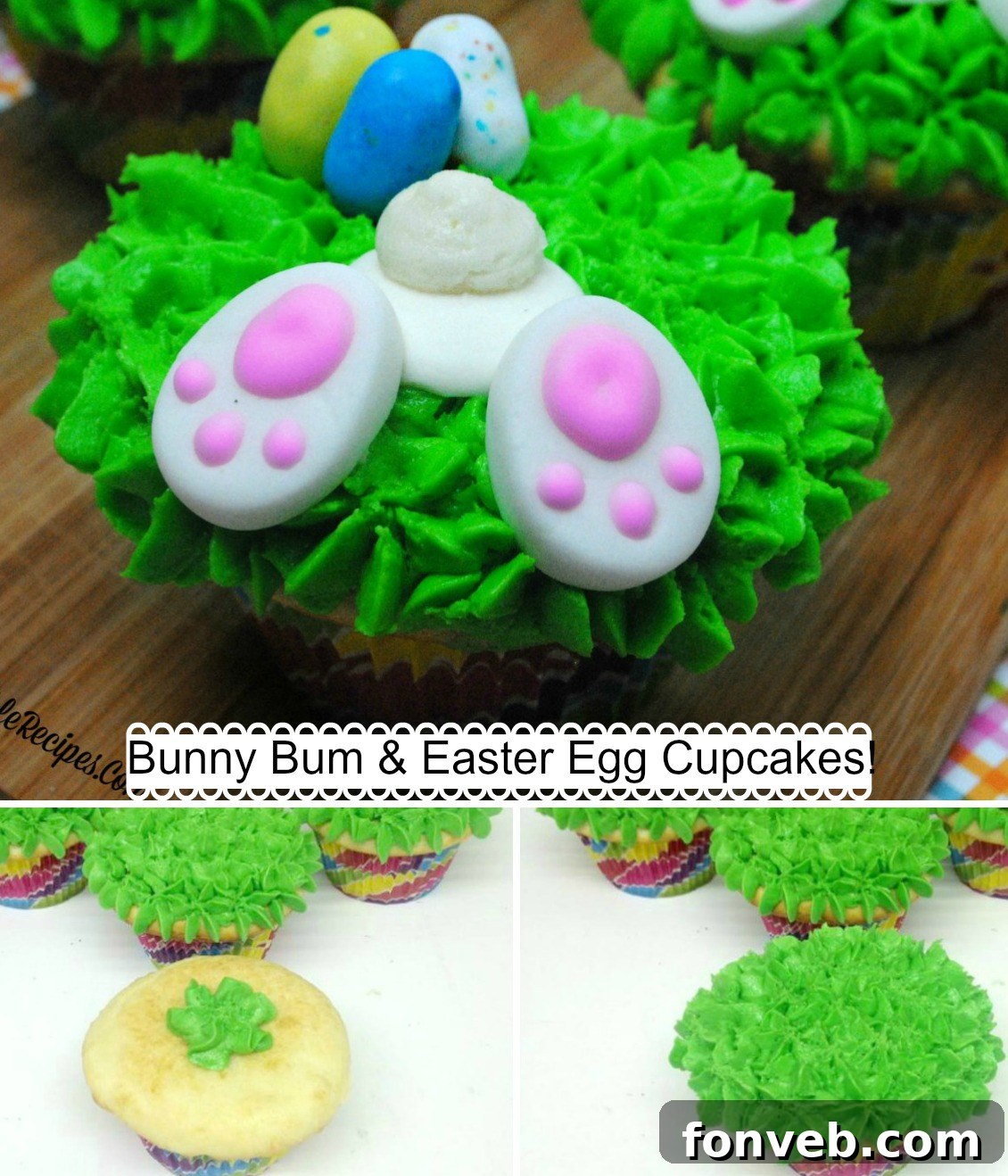 A charming collection of Easter bunny butt and egg cupcakes, showcasing their delightful appearance.