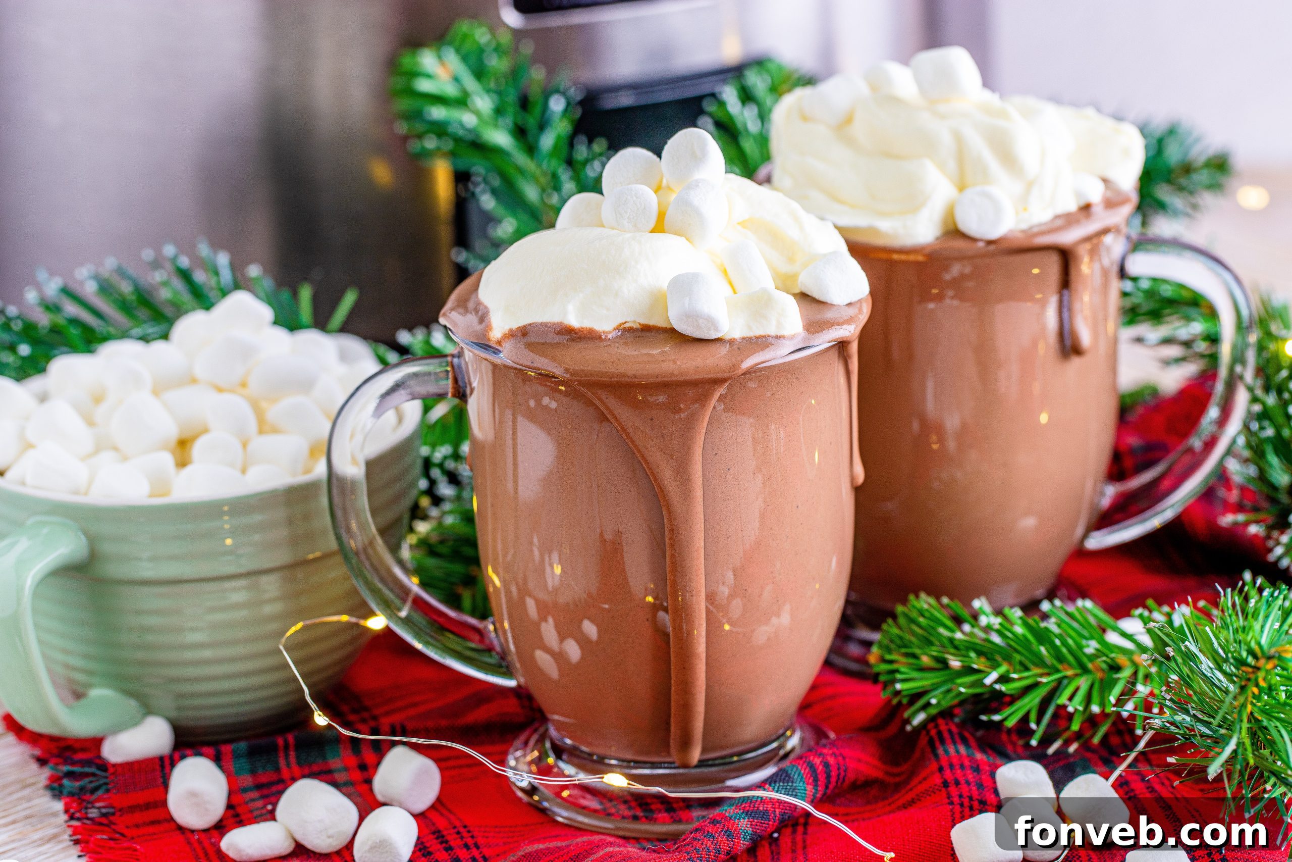 A serene shot of a mug of hot chocolate adorned with marshmallows and a cinnamon stick, perfectly positioned by a window, evoking warmth and comfort.