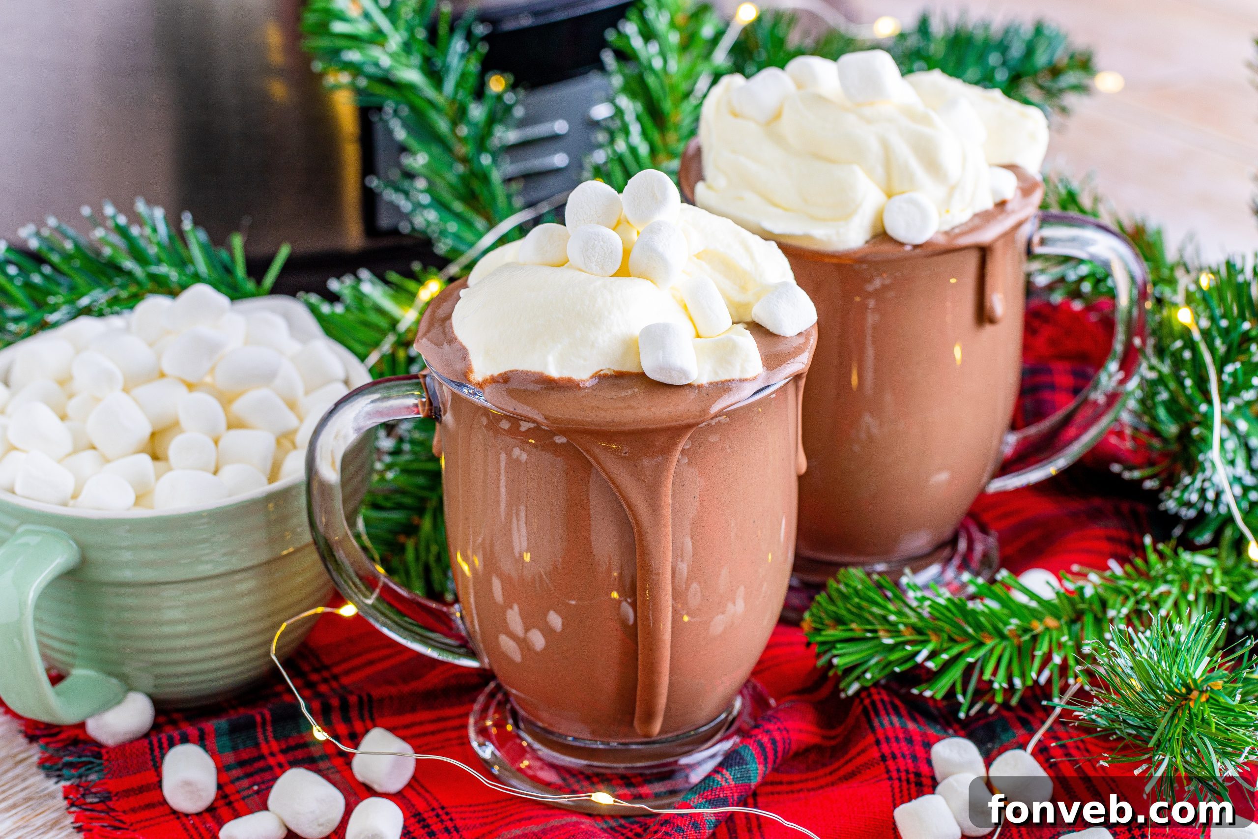 A final, enticing image of the slow cooker filled with steaming hot chocolate, ready for ladling into mugs, promising warmth and deliciousness.