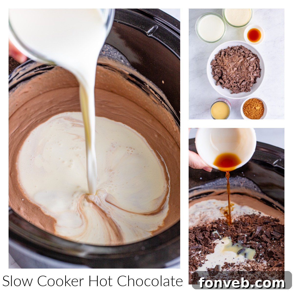 An overhead shot showcasing a beautiful hot cocoa bar setup with a slow cooker, various toppings like marshmallows, and decorative mugs, ready for serving.