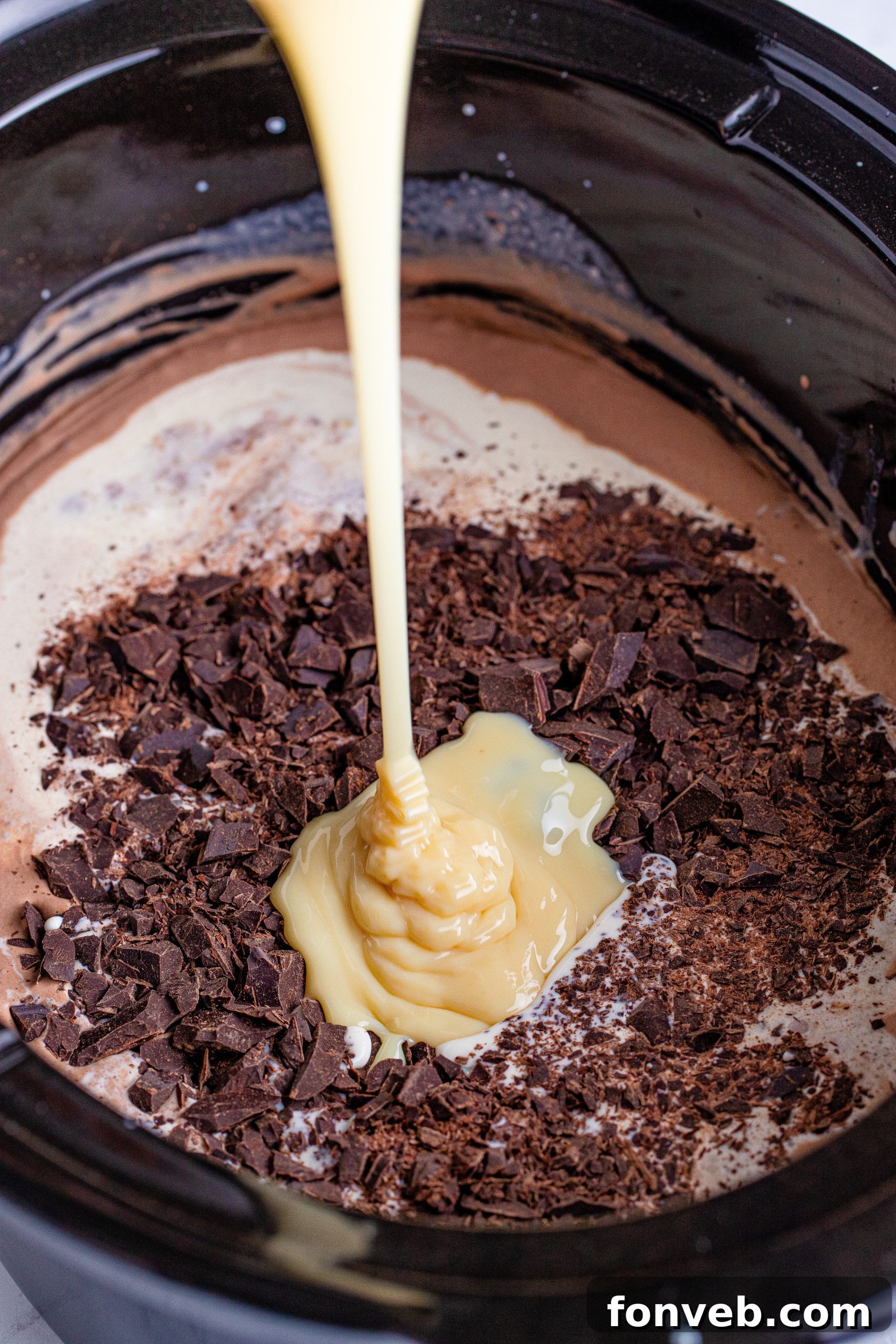 The finished slow cooker hot chocolate, looking rich and inviting, ready for serving after hours of gentle simmering.