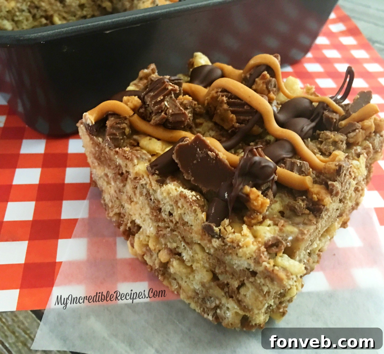 Reese's Rice Krispies Treat with a clear view of the layers