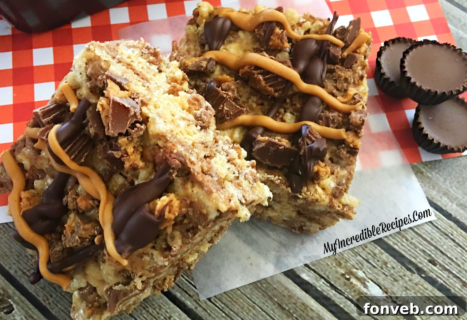 Reese's Rice Krispies Treats arranged on a platter