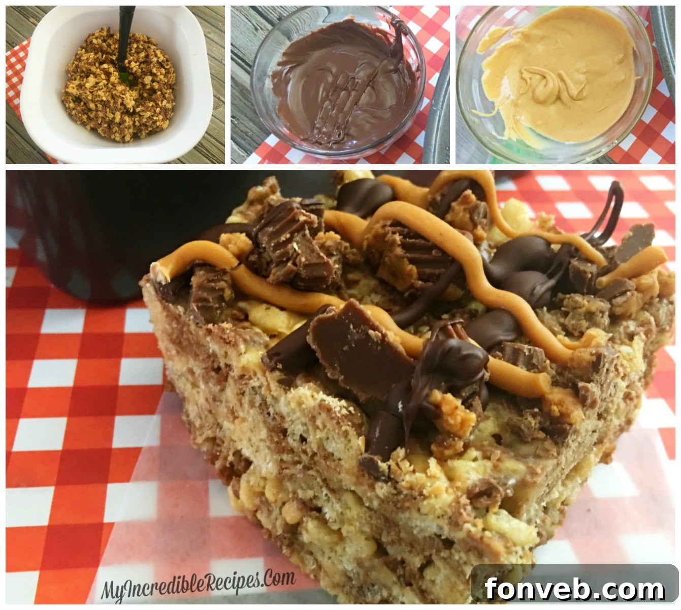 An appetizing collage showcasing the various stages and deliciousness of Reese's Rice Krispies Treats