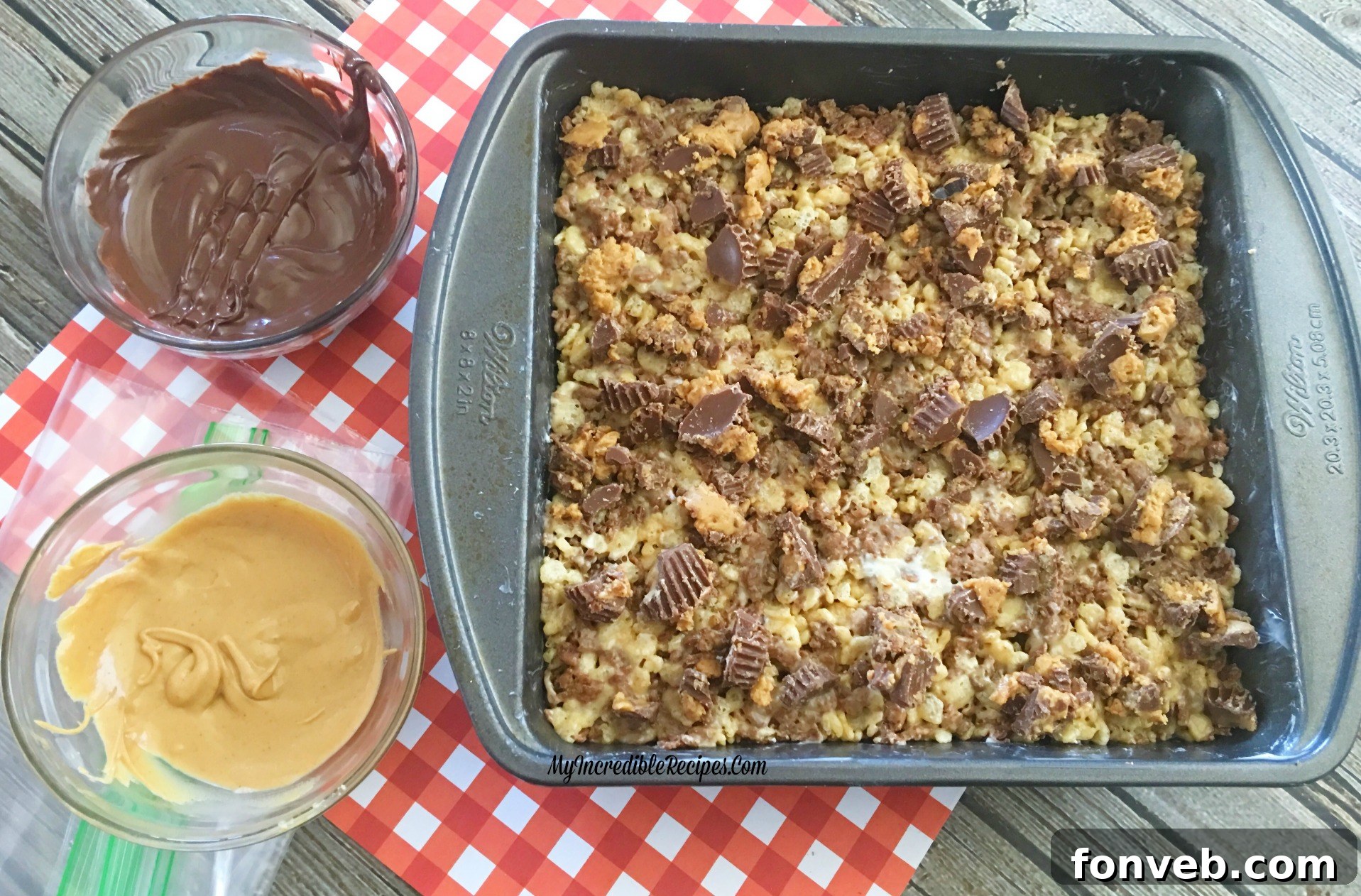 A stack of freshly made Reese's Rice Krispies Treats