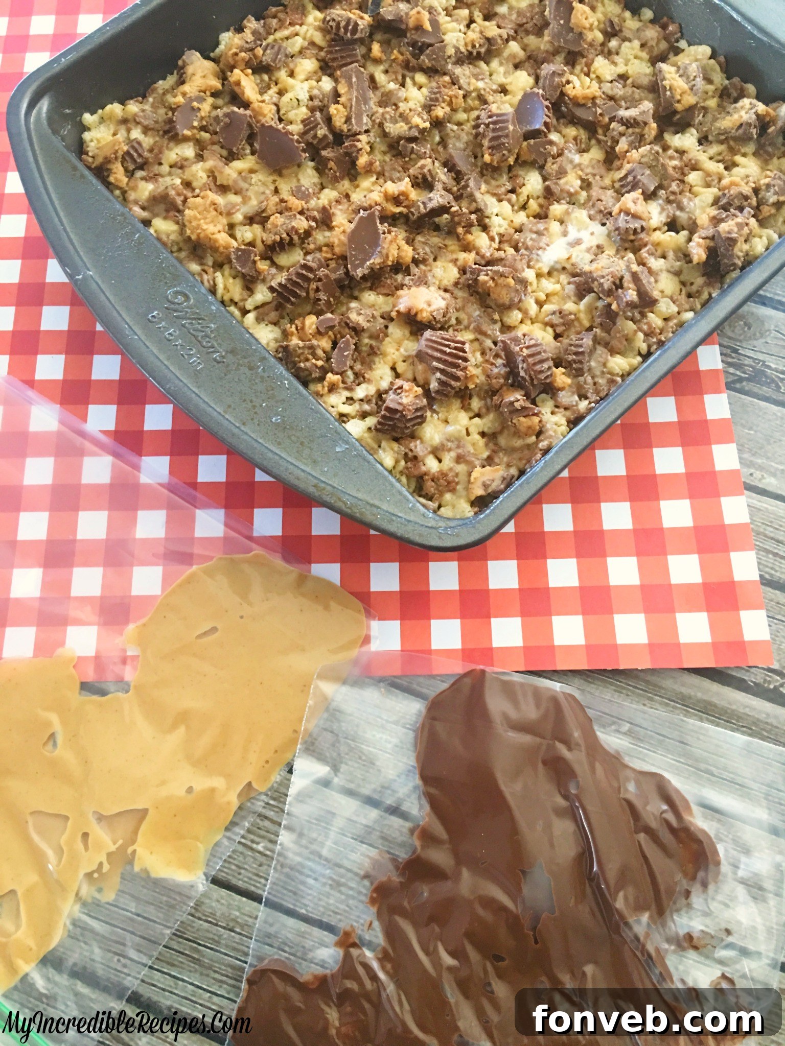 Two hands reaching for a Reese's Rice Krispies Treat