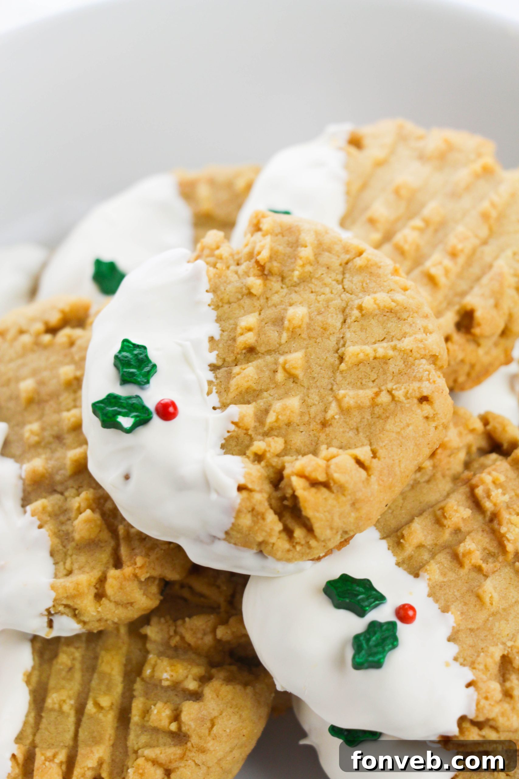 Close-up side view of a peanut butter cookie dipped in white chocolate, showing its texture