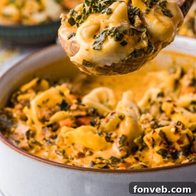 A beautifully garnished bowl of Slow Cooker Creamy Tortellini Soup