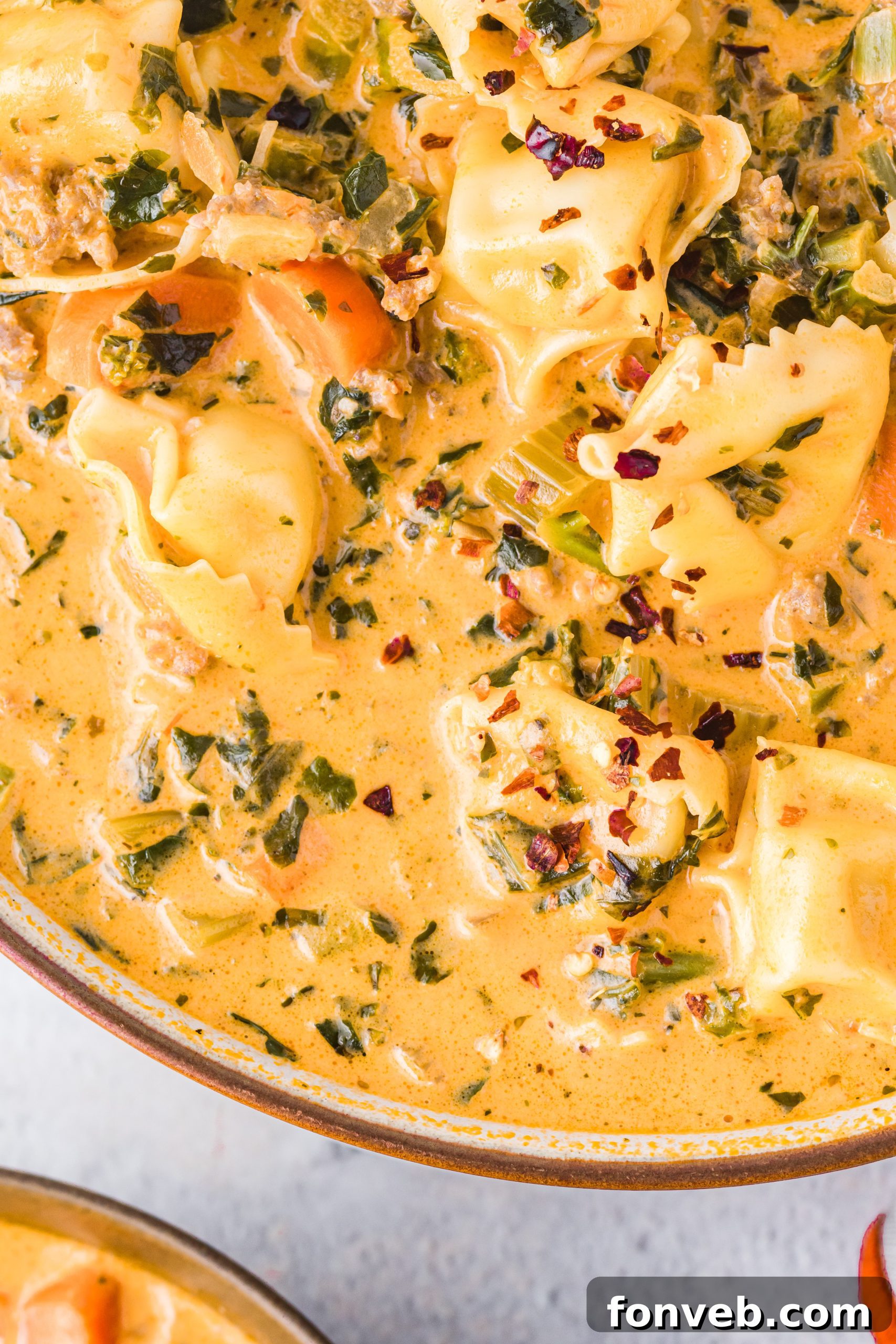 Close-up of tortellini soup, showing its creamy texture and fresh ingredients