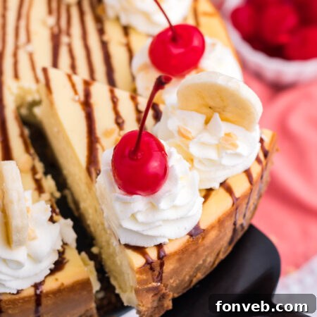 A circular image of the Banana Split Cheesecake