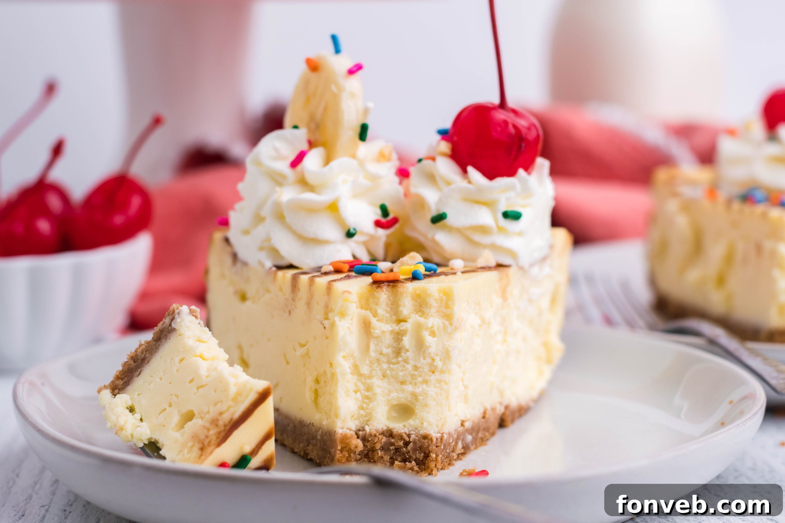 Another enticing shot of the Banana Split Cheesecake, possibly a different angle or lighting.