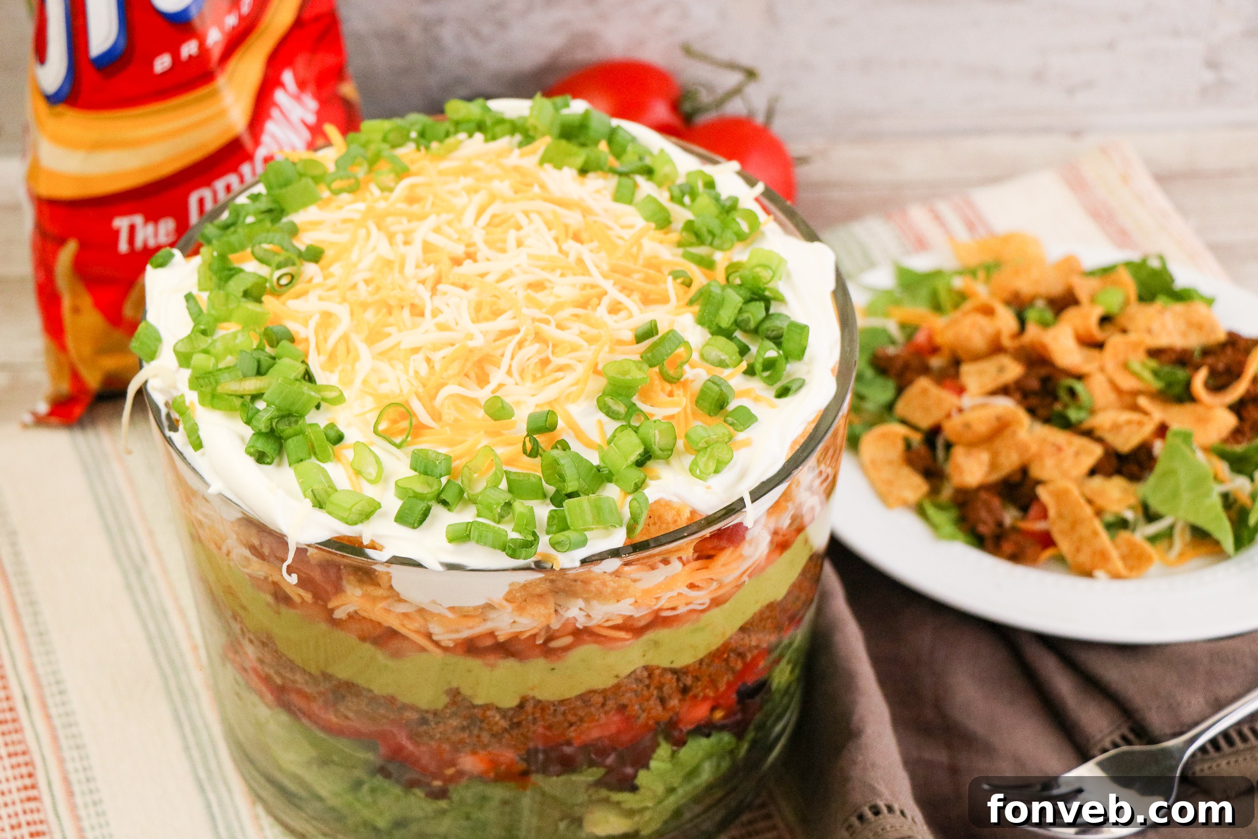 Taco Fiesta Stack 2 Taco Salad Trifle presented beautifully in a glass bowl